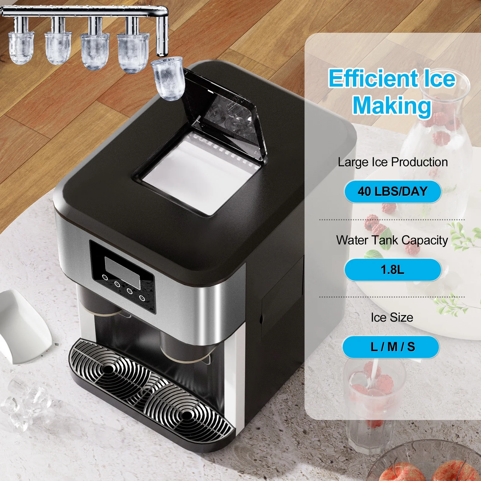 TABU 40Lbs/24H Countertop Ice Maker Machine,3 in 1 Ice Maker with Water Dispenser,Crushed Ice,Black - Image 6