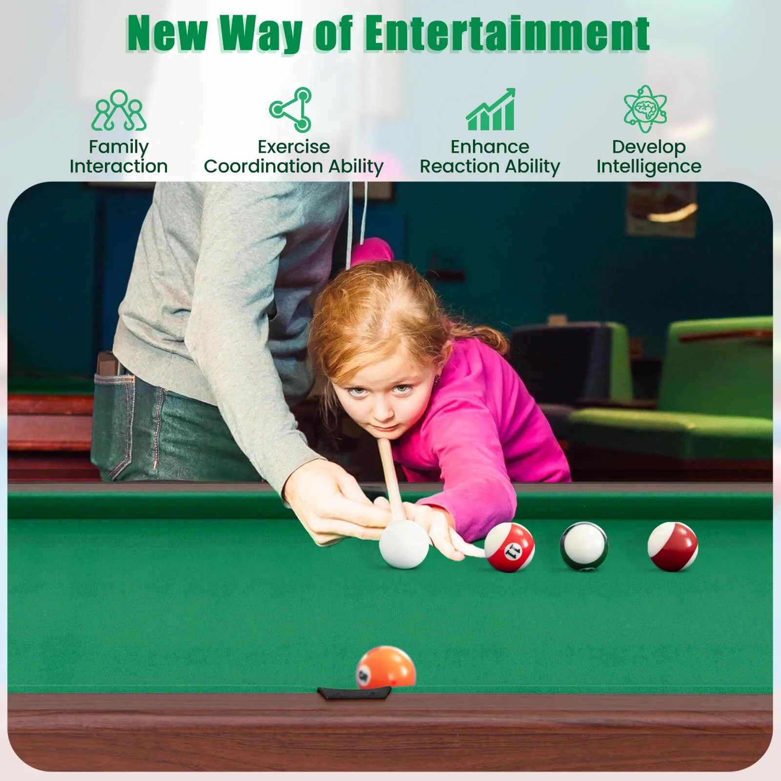 Costway 48" Pool Table for Kids & Adults with Full Set of Balls 2 Cue Sticks 2 Chalks Green - Image 5