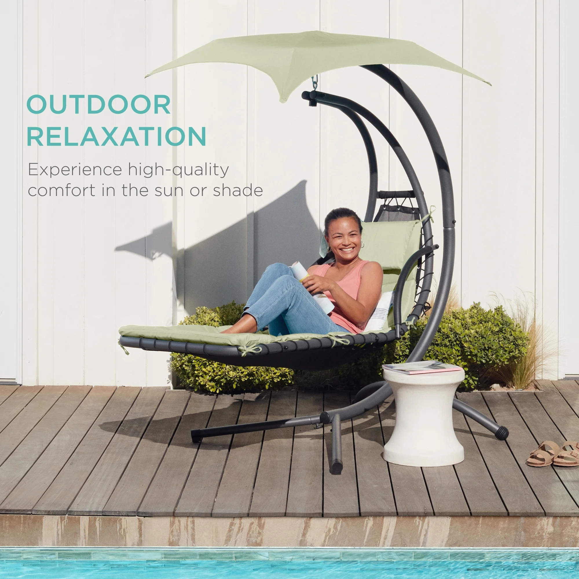 Best Choice Products Hanging Curved Chaise Lounge Chair Swing for Backyard, Patio w/ Pillow, Shade, Stand - Teal - Image 82