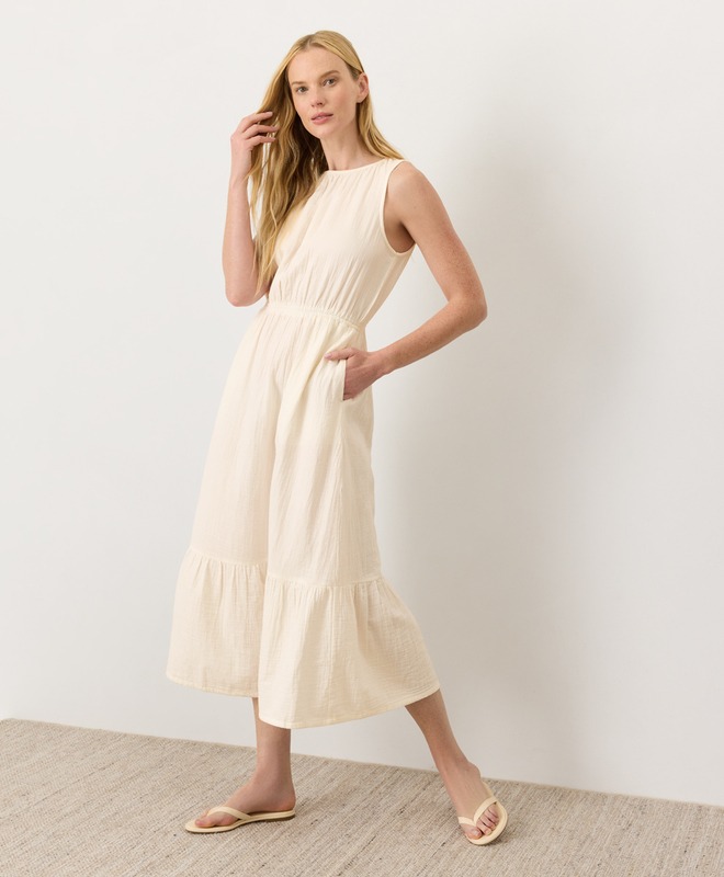 Organic Coastal Double Gauze Tiered Midi Dress - Cream
