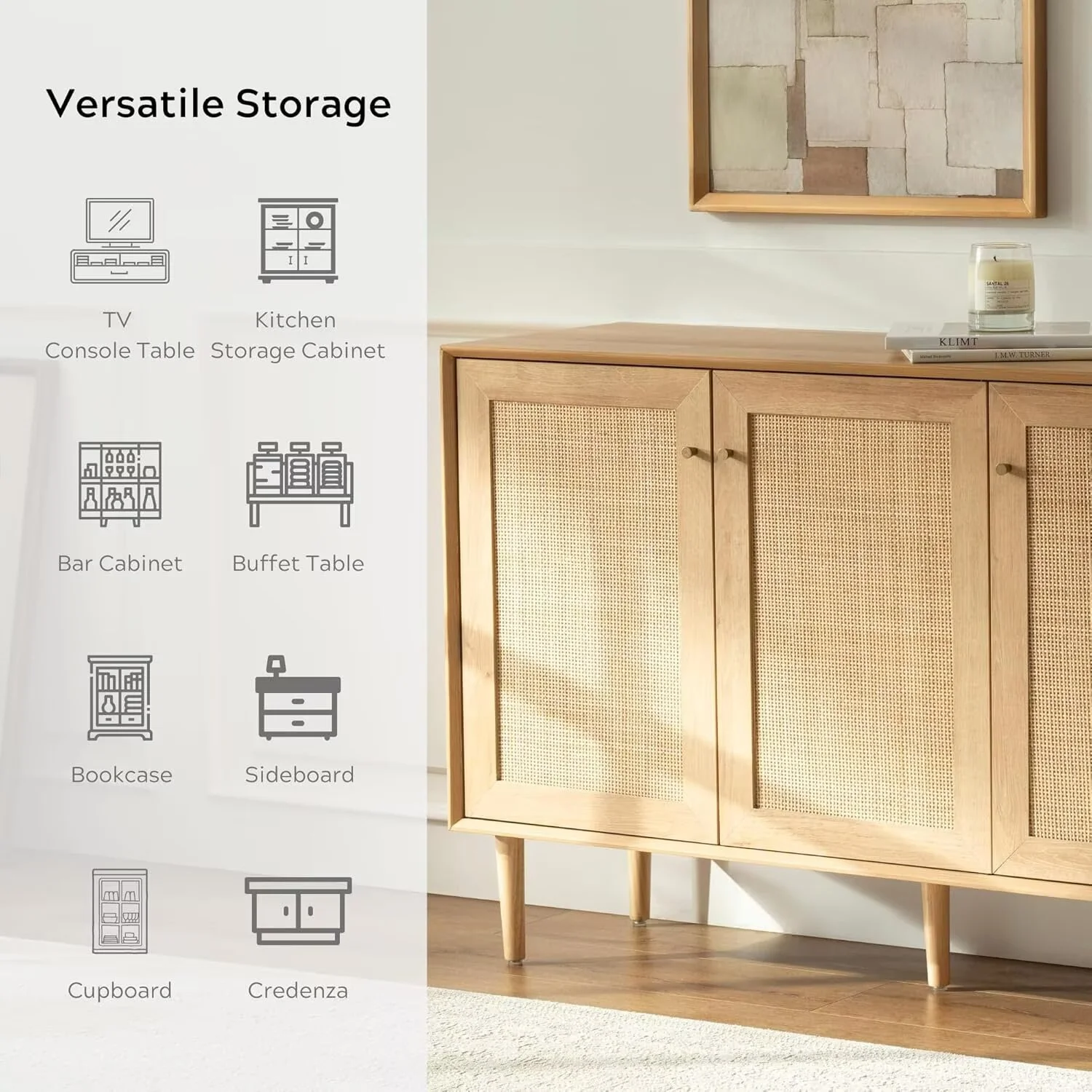 EYYTHUNG Farmhouse 3-Door Rattan Storage Cabinet, Solid Wood Entryway Buffet Sideboard - Image 9