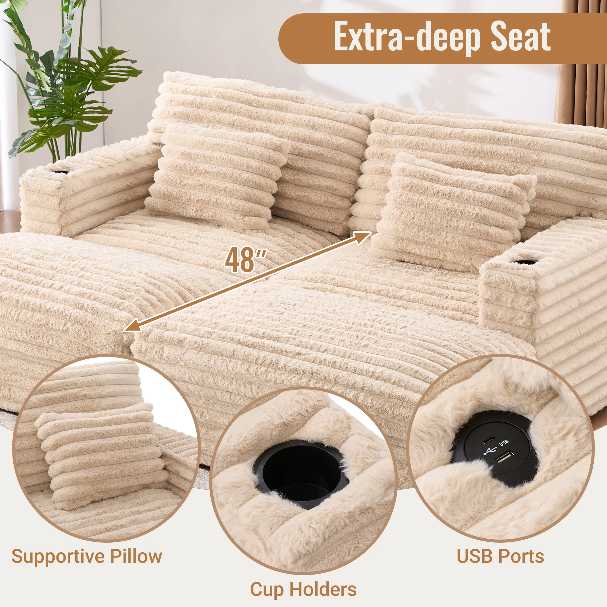 Oversized Double Chaise Lounge, Faux Fur Upholstered Deep Seat Sofa with 2 Pillows, 2 Cupholders, and Dual USB Ports - Image 36