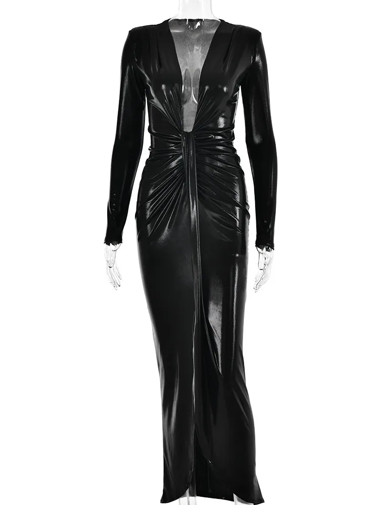 Sexy Deep V Long Sleeve Lace Up Pleated Dress For Women Bodycon Split Metal Color Winter Party Club Evening Vestidos - AZJHJ