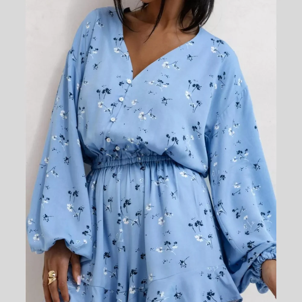 Floral V-Neck Long Sleeve Romper with Elastic Waist - ZKZOOK