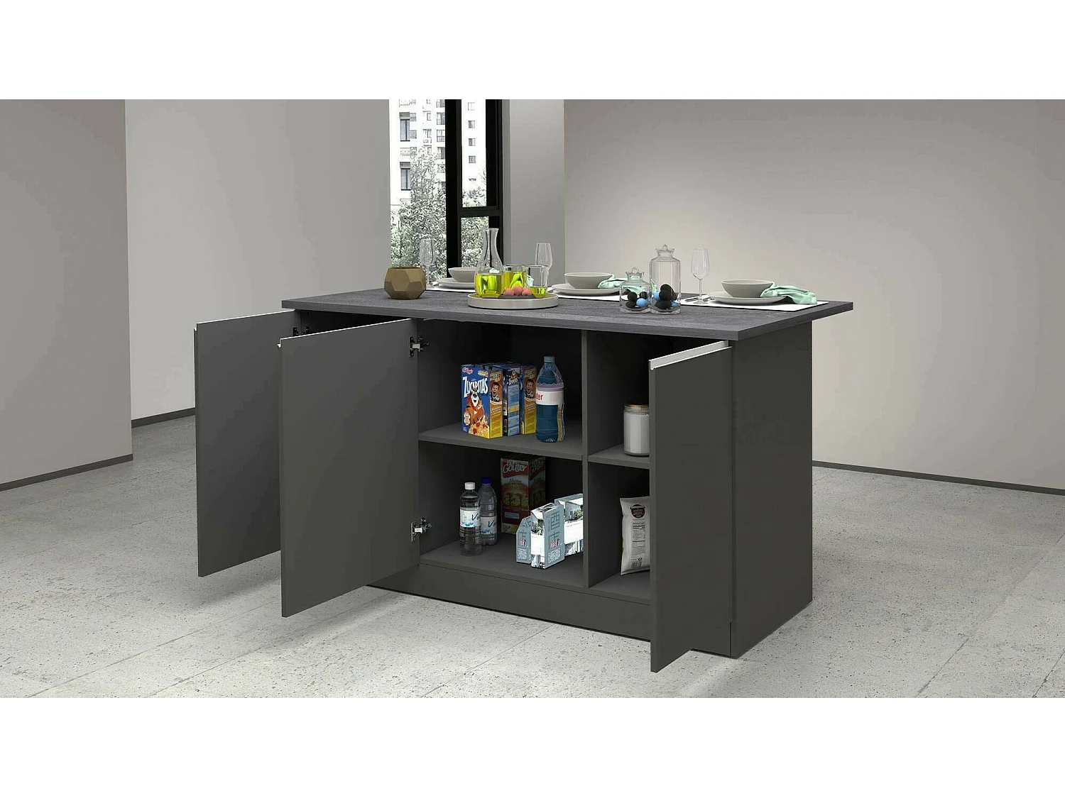 Îlot de cuisine Dcarnelo, Armoire polyvalente, Meuble de kitchenette, Table auxiliaire, 100% Made in Italy, 155x90h90 cm, Anthracite et Ardoise