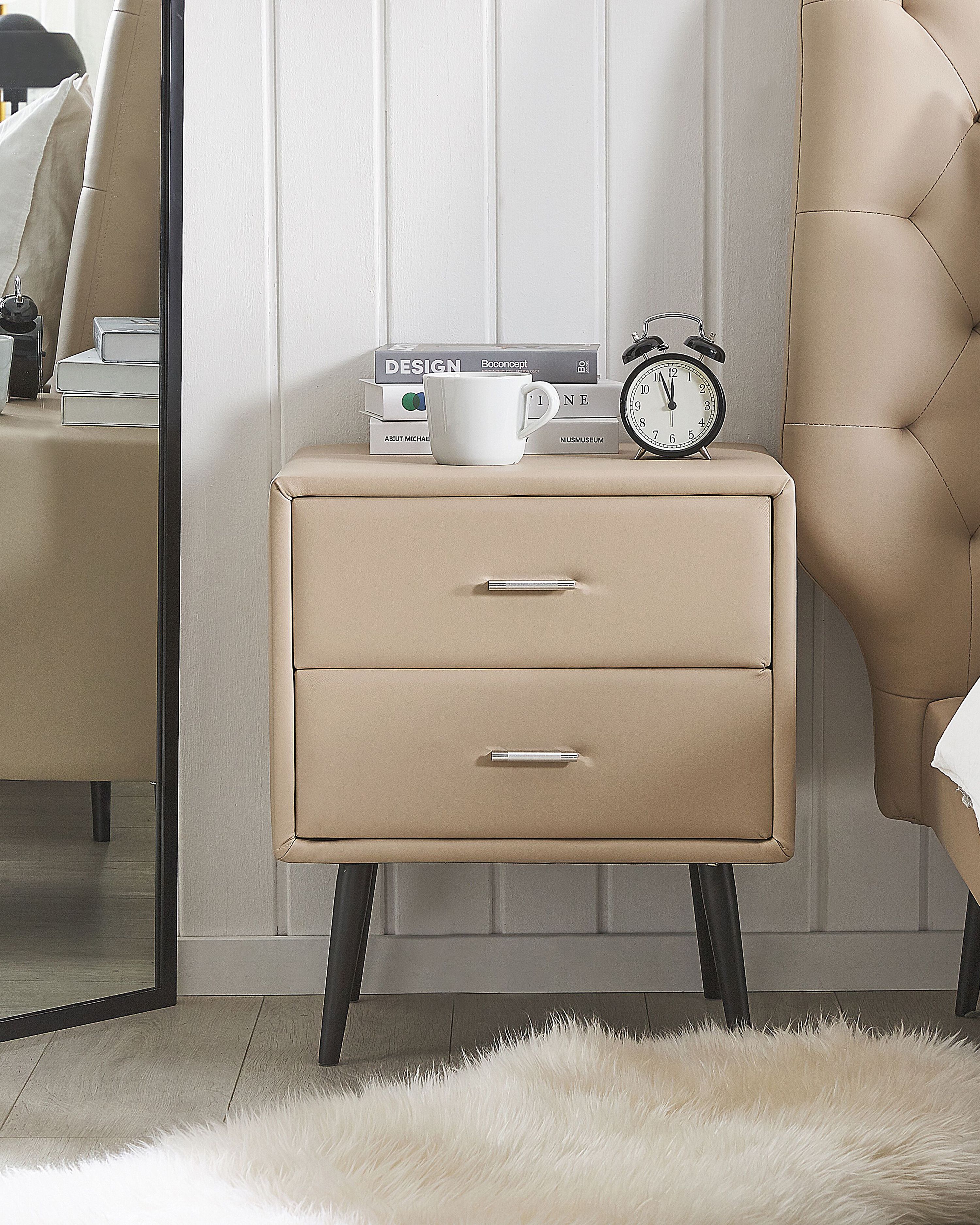 2 Drawer Bedside Table ESSONNE Faux Leather Beige