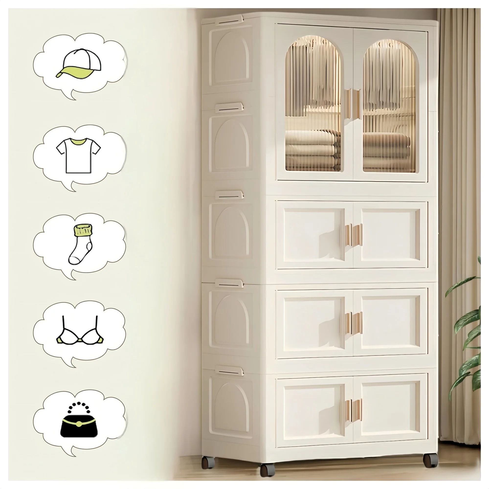 PORKISS Portable Wardrobe Closet, Folding Bedroom Armoire with Wheels, Plastic Storage Basket Can be Freely Combined (1 Layer of Wardrobe + 2 Layers of Folding Boxes+10 Hangers), Cream White-57.09"H - Image 17