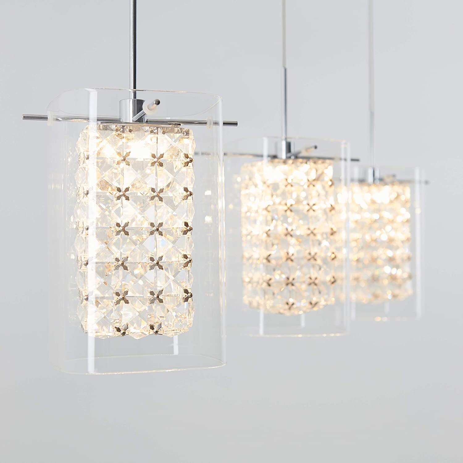 Crystal Cube 13-Watt 3 Light Chrome Modern Integrated LED Pendant Light Fixture for Dining Room or Kitchen