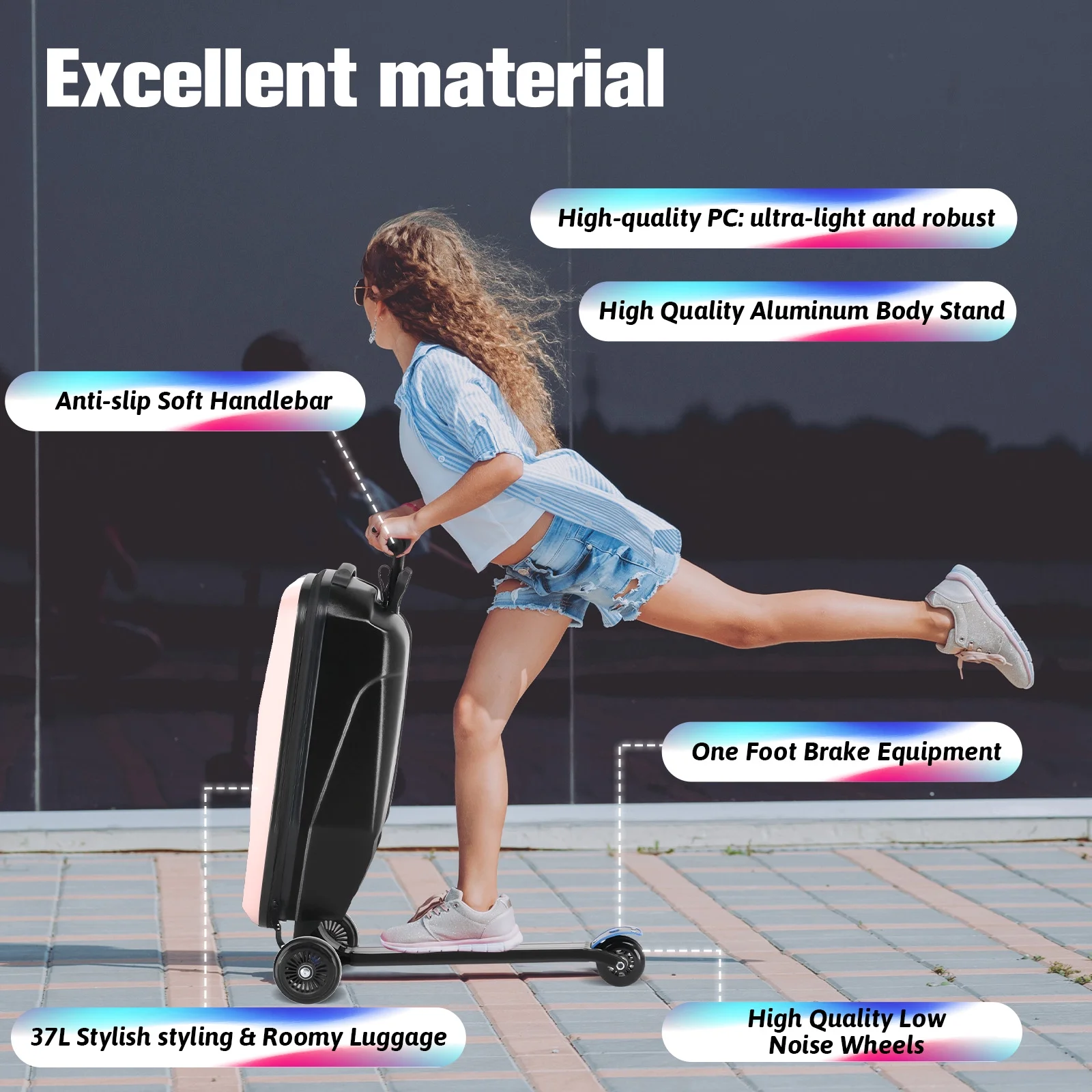 Advwin Scooter Luggage for Kids & Adults, Hardside Ride on Suitcase for Kids Ages 4-15 Multifunctional Lightweight Foldable Carry on Luggage with Wheels Ride on for Children Teenagers, Pink - Image 6