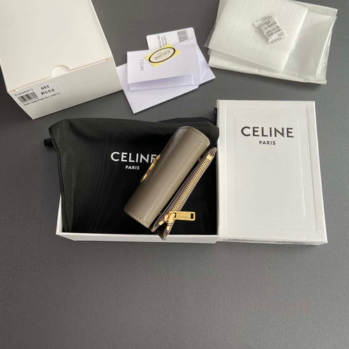 Celine TRIOMPHE shiny leather short wallet apricot