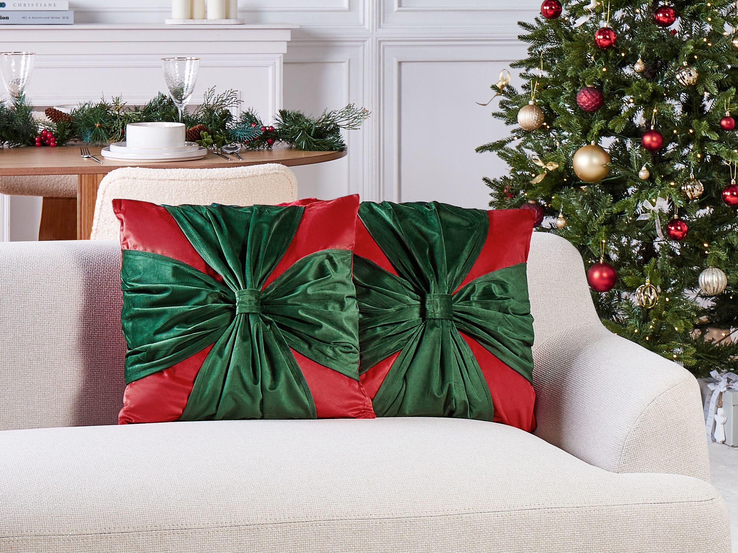 Set of 2 Decorative Cushions MARSHMALLOW Velvet 45 x 45 cm Red Christmas Motif