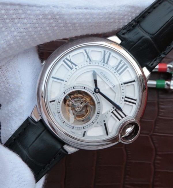 Replica Cartier Ballon Bleu Tourbillon 44mm SS Black Leather Strap - Elite Watch Atelier
