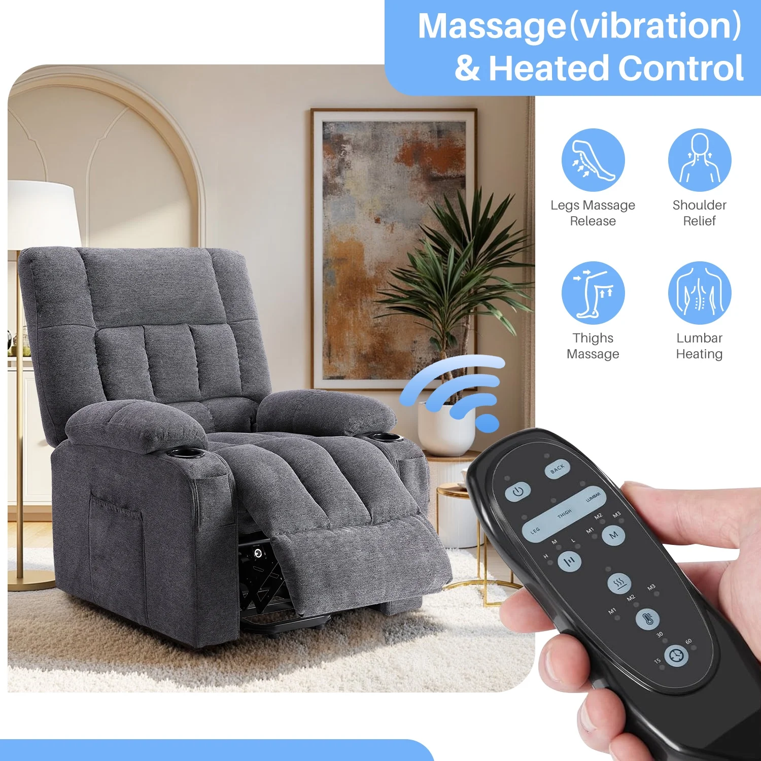 Simenmax Recliner Chair with Massage and Heating, Home Theater Seating with Lumbar Support, Adjustable Electric Power Lift Chairs, Gray - Image 7