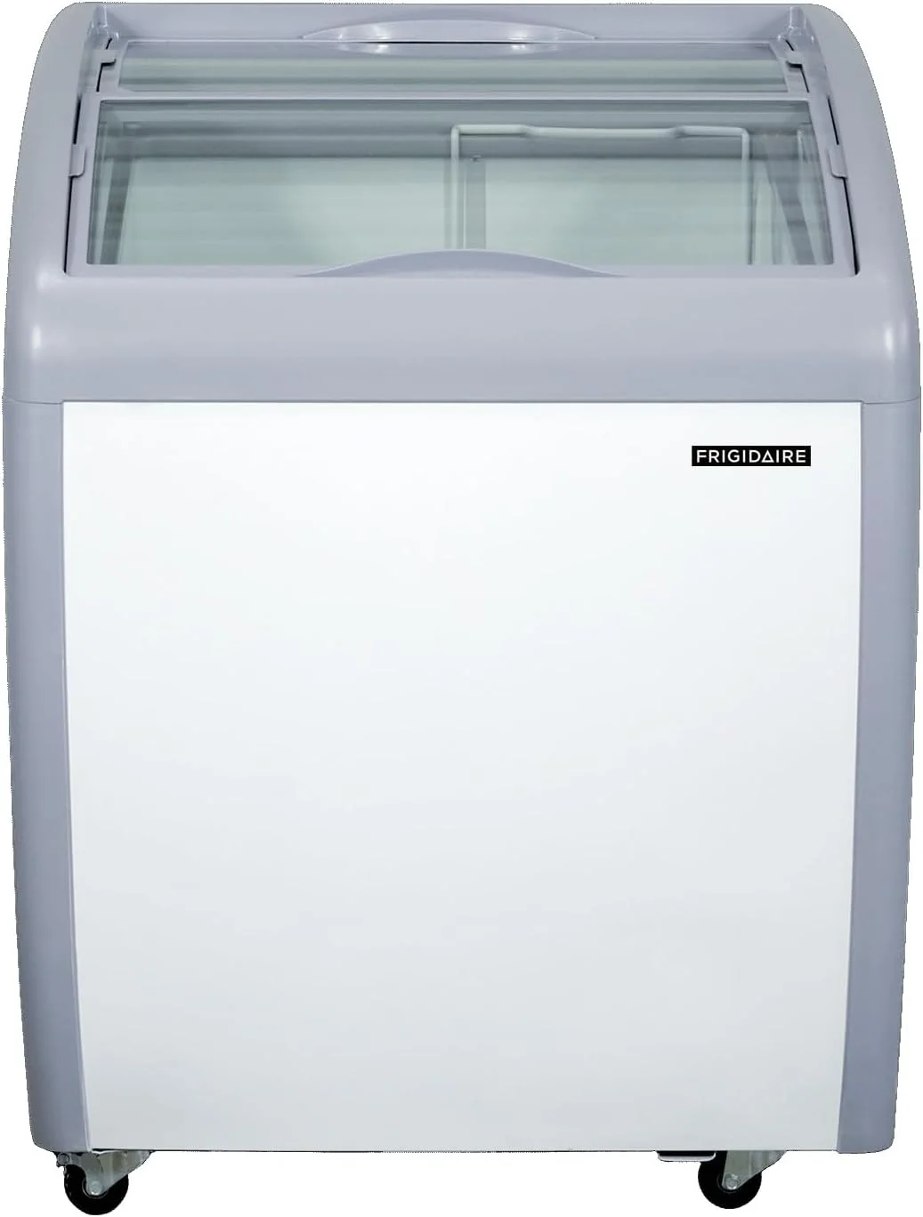 Frigidaire Commercial Chest Freezer for Ice Cream and Frozen Foods, Glass Top Display Storage Case, 4 Cu. Ft. Bin, Rolling Caster Wheels, Adjustable Temperature, Energy Efficient Cooling