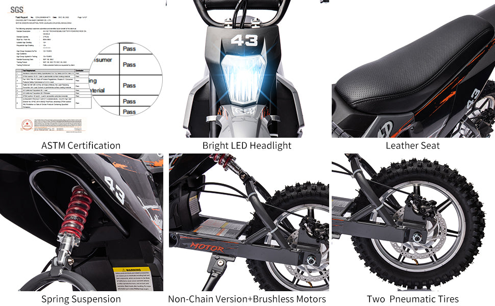 36V Kids Electric Dirt Bike. 350W. 15.5MPH. LED. 175lbs Max