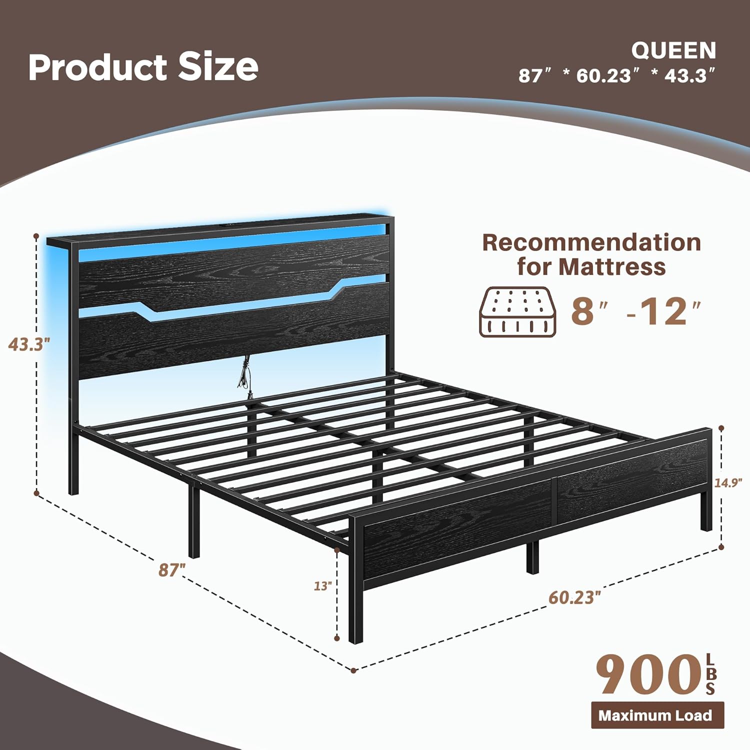 Queen Bed Frame with LED Lights & Charging Station, Bed Frame Queen Size with Headboard,13