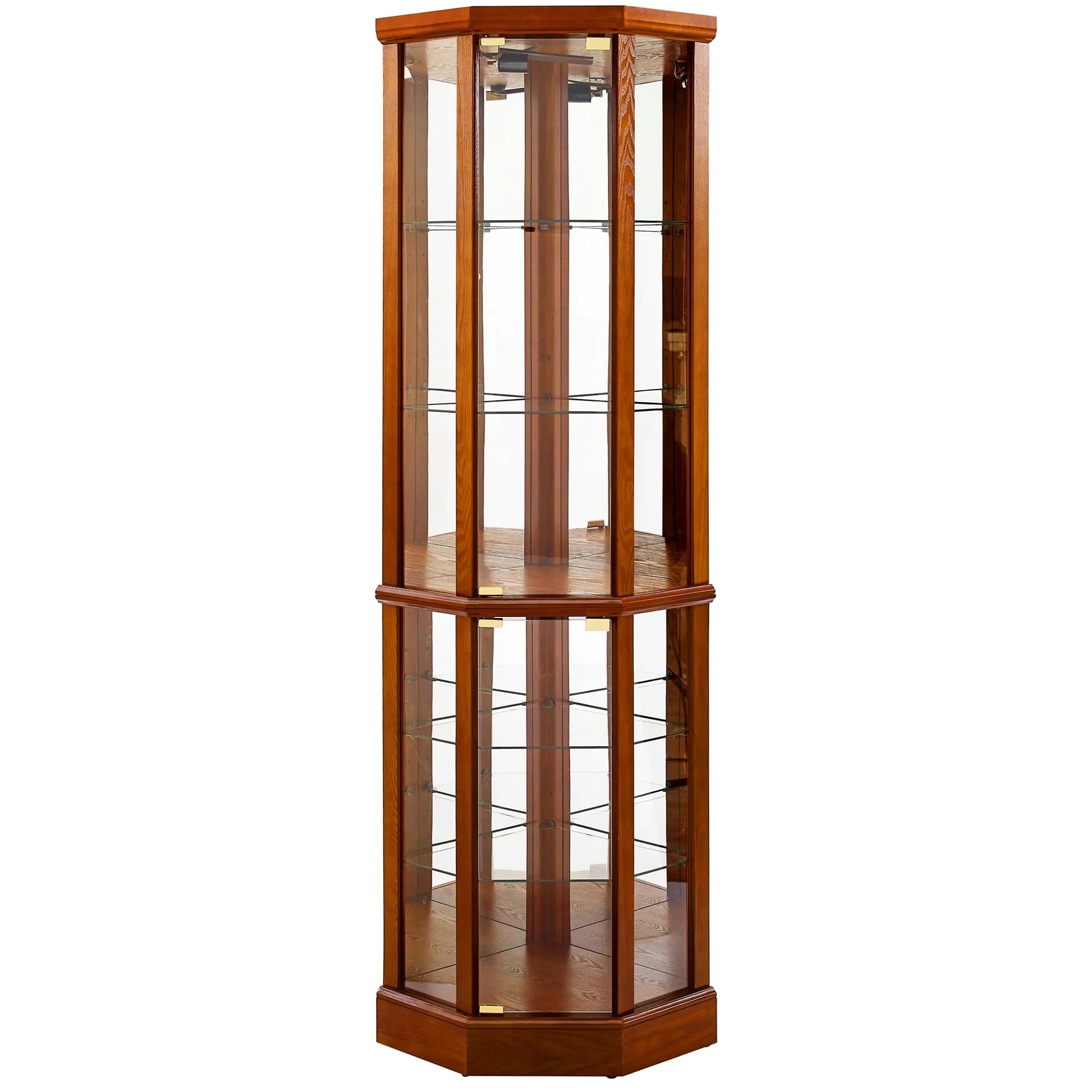 Walnut Cabinet With 6 Shelves, Adjustable Glass & Mirrored Back Design Shelf Lighted Corner Curio Shelves In - Image 17