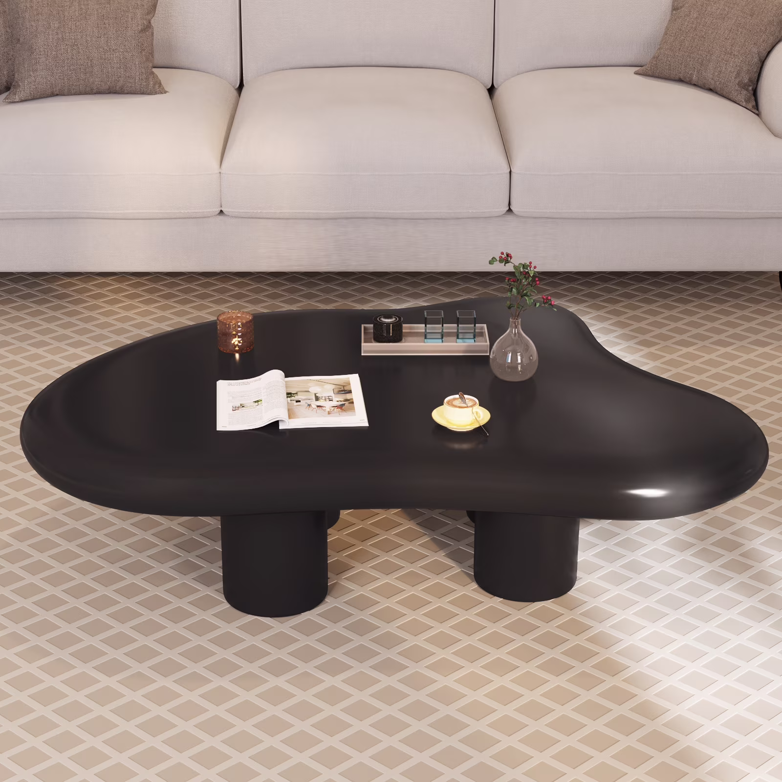 Guyii Cream White Coffee Table with 4 Legs, Irregular Side Table, Modern Wood Tea Table for Living Room, Apartment, Office - Image 4