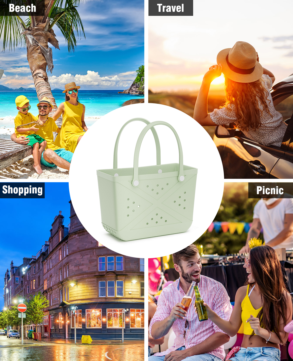 Waterproof Durable EVA Hole Tote Basket Reusable Grocery Shopping Handbag with Double Handles