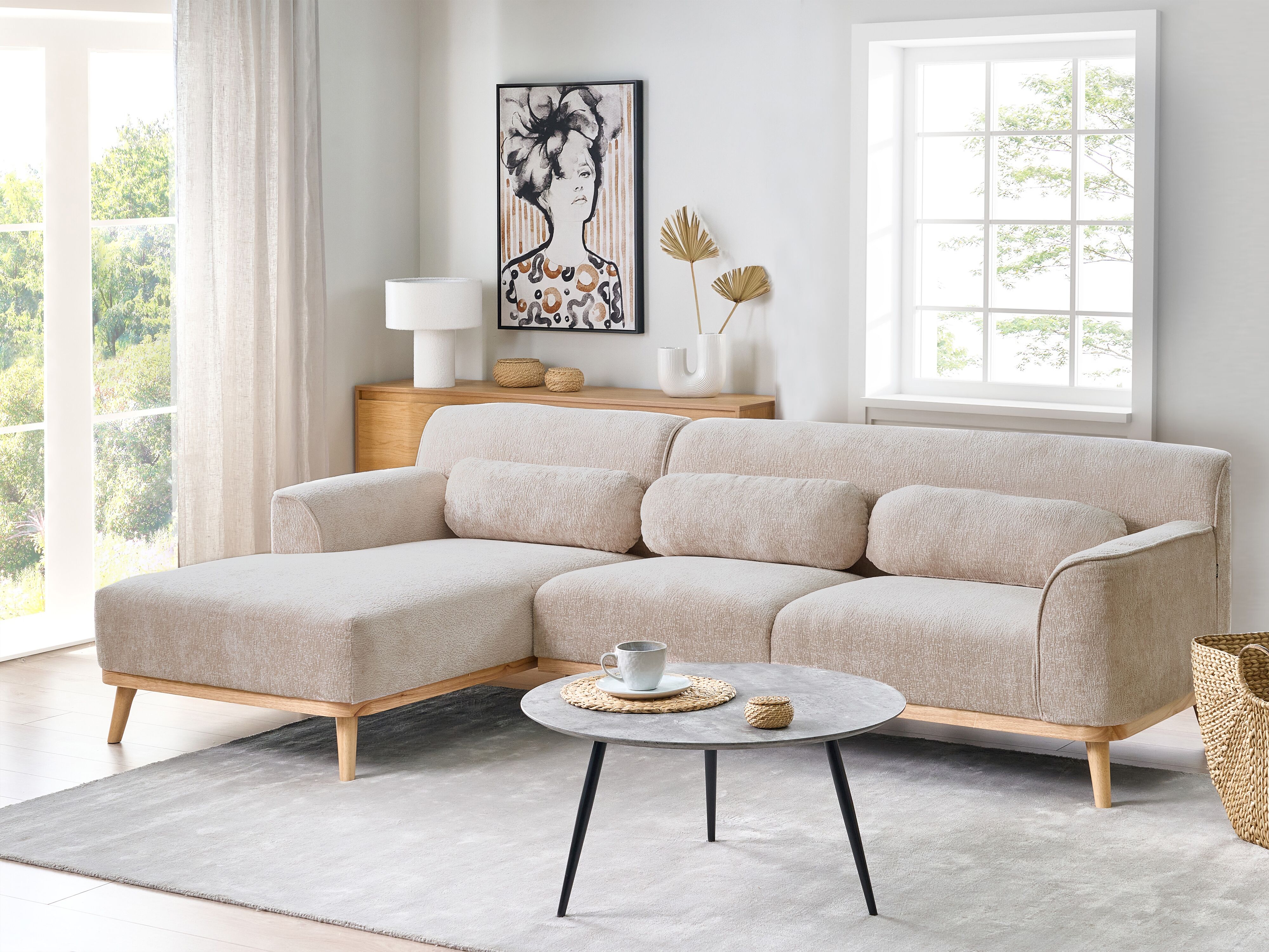 Corner Sofa 3 Seater SIMOS Chenille Beige Right Hand