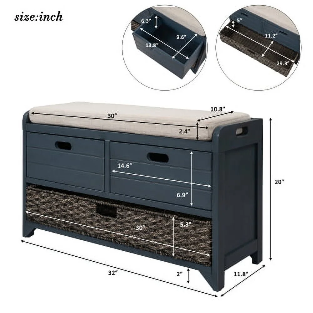 Solid Wood Storage Bench, Narrow Entryway Bench with 2 Drawers and Removable Basket, Classic Accent Shoe Bench with Storage and Removable Cushion for Hallway Living Room, Fully Assembled, Navy - Image 9