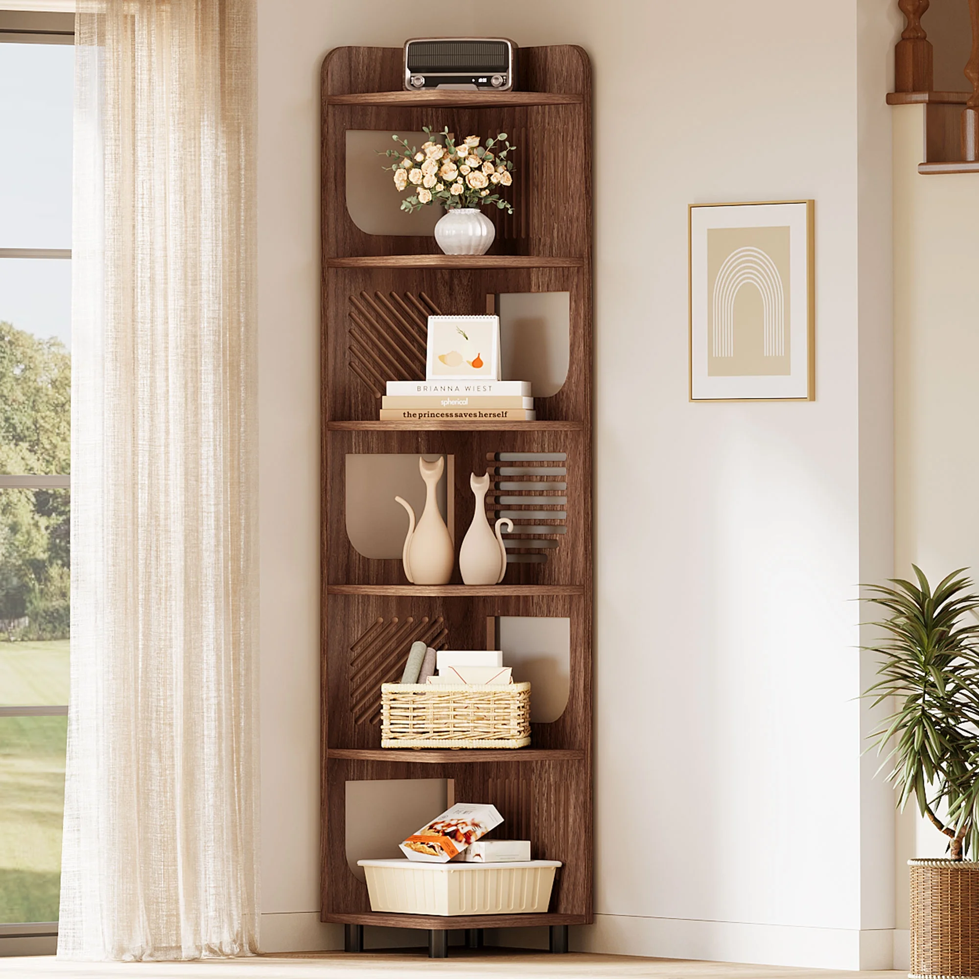 Fnova 71" 6-Tier Tall Corner Bookshelf, Rustic Wooden Narrow Corner Bookcase with Artistic Square Rack, Freestanding Display Storage Shelf for Space-Saving Home Organizing - Image 8
