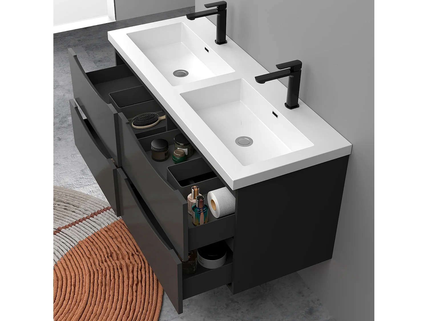 Meuble de salle de bain suspendu Brillant 120cm avec simple lavabo + 4 tiroirs, Anthracite