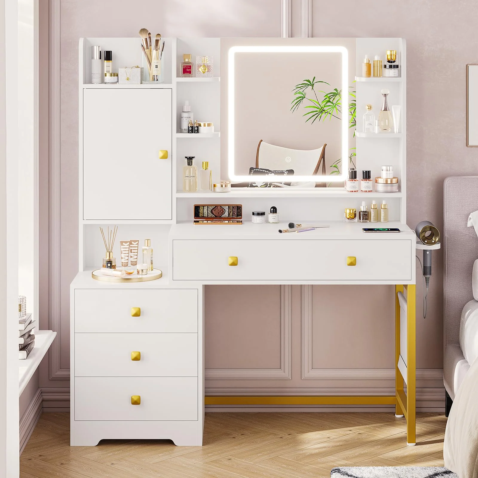 Makeup Vanity Desk with Lighted Mirror & Charging Stations & 6 Drawers Large Vanity Table Bedroom Dressing Table with Glass Tabletop&Side Cabinet&Glass Tabletop, Black - Image 23
