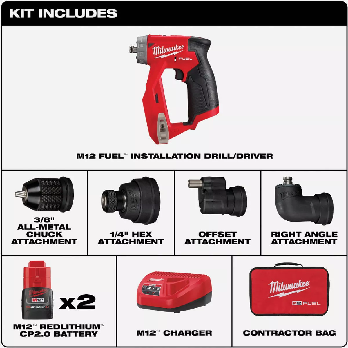 Milwaukee M12 FUEL Brushless 3/8 In. Installation Cordless Drill/Driver Kit with 4-Tool Heads & (2) 2.0 Ah Batteries & Charger