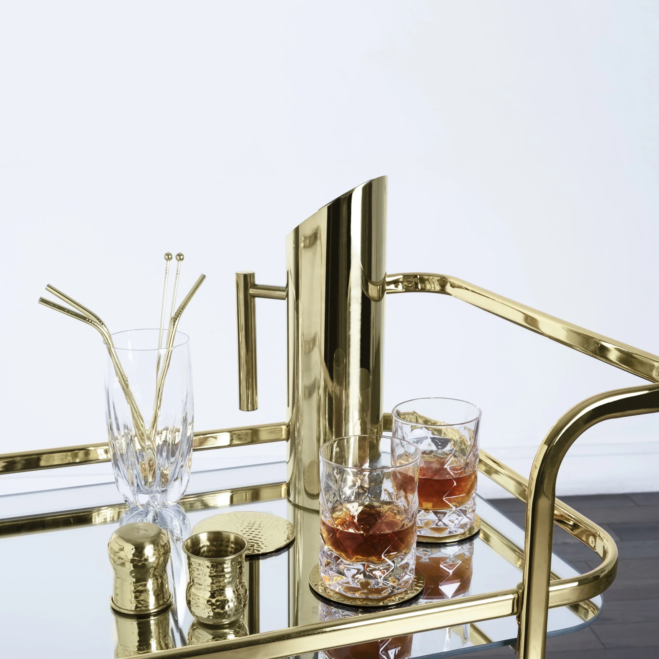Viski Stainless Steel Bar Cart with Wheels, Mirror Shelves, Home Bar, Gold - Image 5
