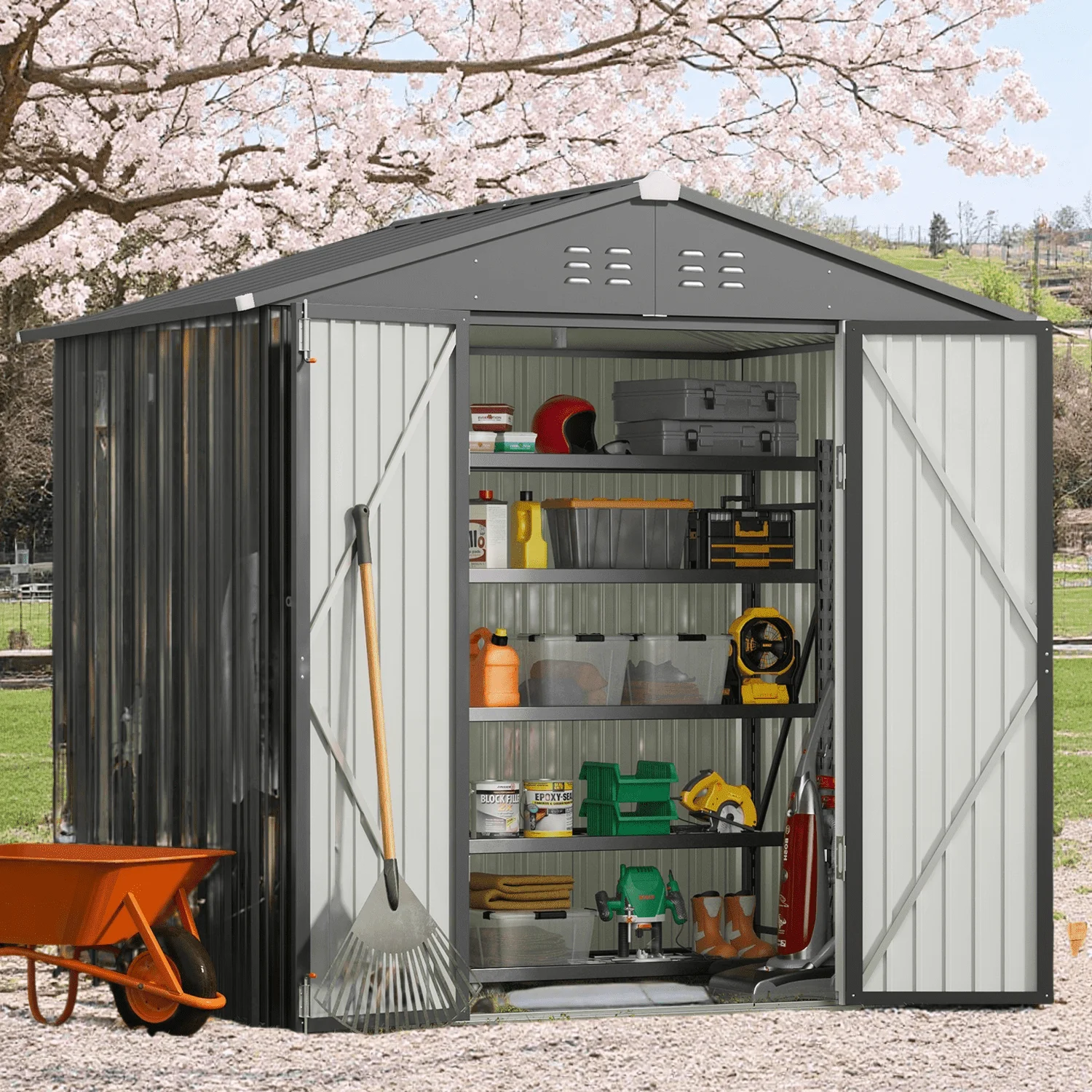 6x4FT Metal Outdoor Storage Shed, Garden Tool Shed with Lockable Doors & Slooping Roof for Backyard,Patio,Dark Grey - Image 8