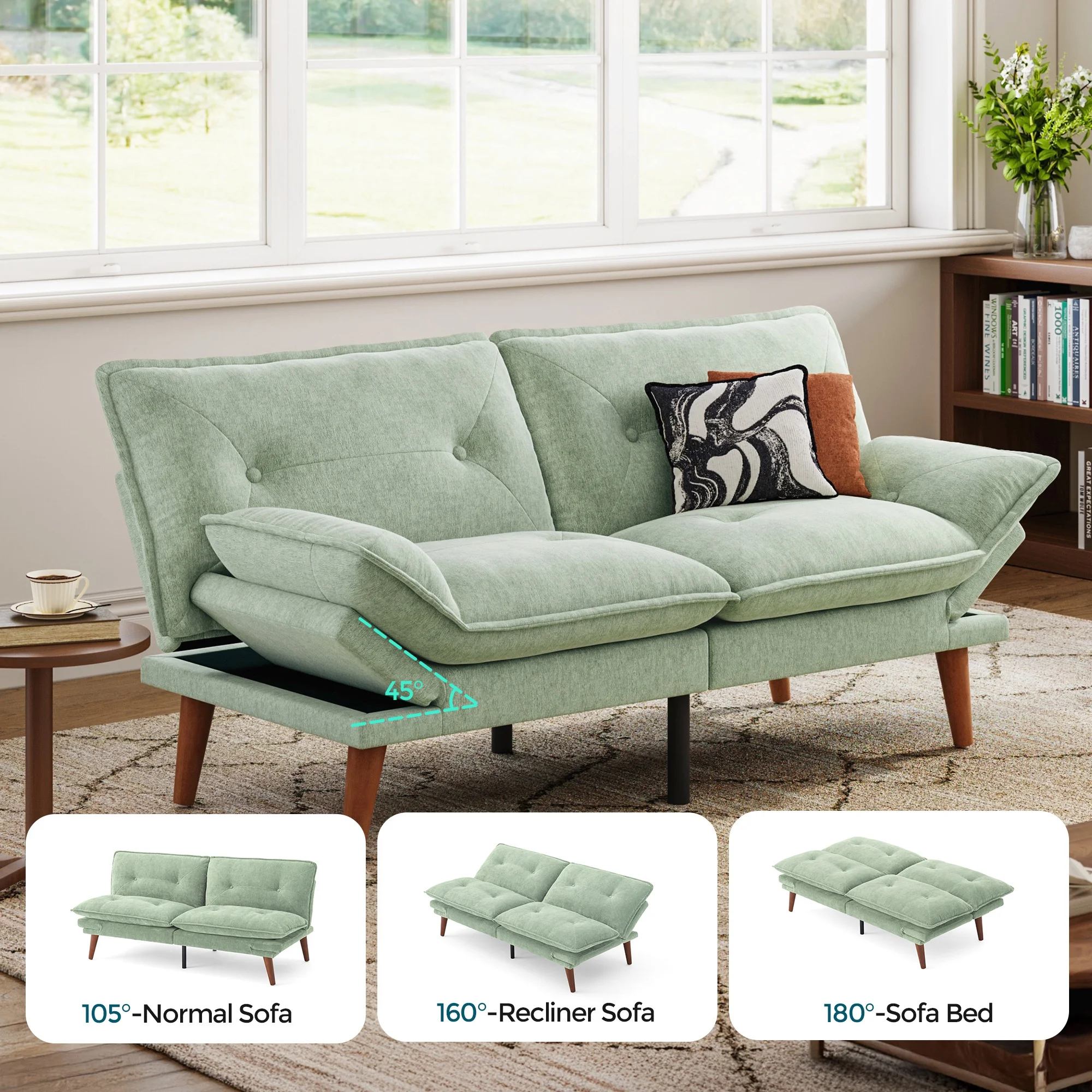 Linsy Home 70" W Chenille Convertible Futon Sofa Bed with Adjustable Armrests, Green - Image 11