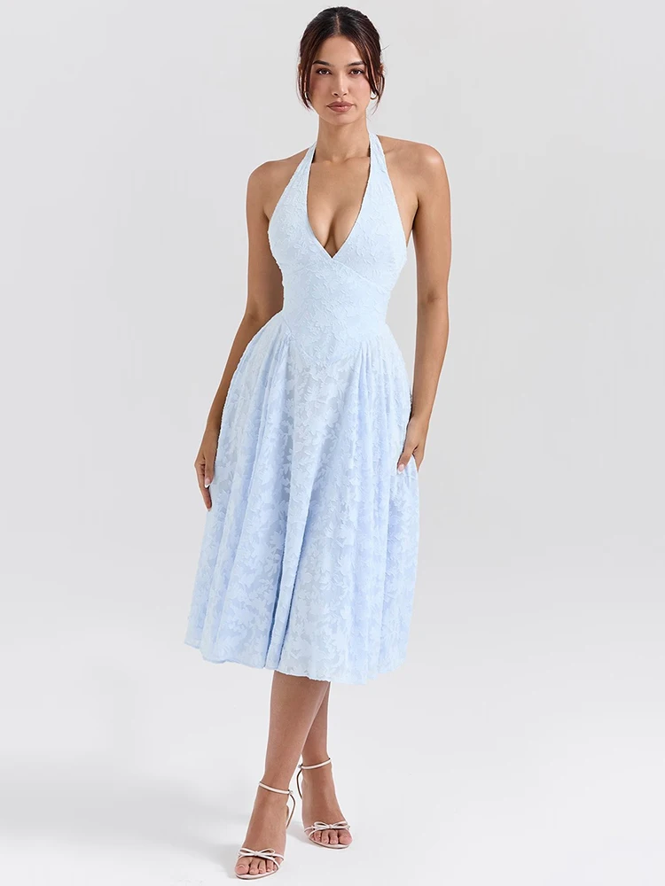 Deep V Neck Halter Sexy Madi Dress Women Fashion Sleeveless Backless A-line Loose Pleated Evening Long Dress Elegant - AZJHJ