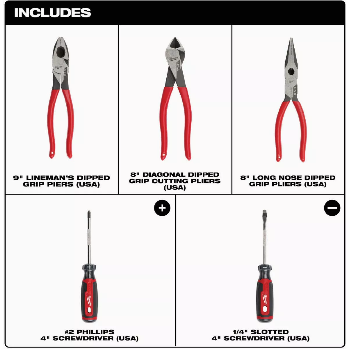 Milwaukee Dipped Grip Cutting Pliers & Cushion Grip Screwdriver Set (5-Piece)