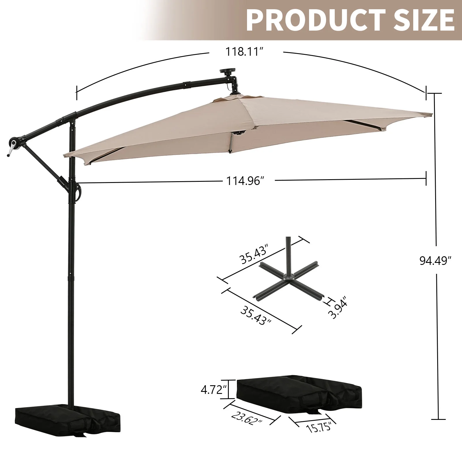 Ainfox 10ft Cantilever Patio Umbrella with Lights, Offset Market Umbrella with Sandbags Weighted Base and Cross Base,Khaki - Image 6