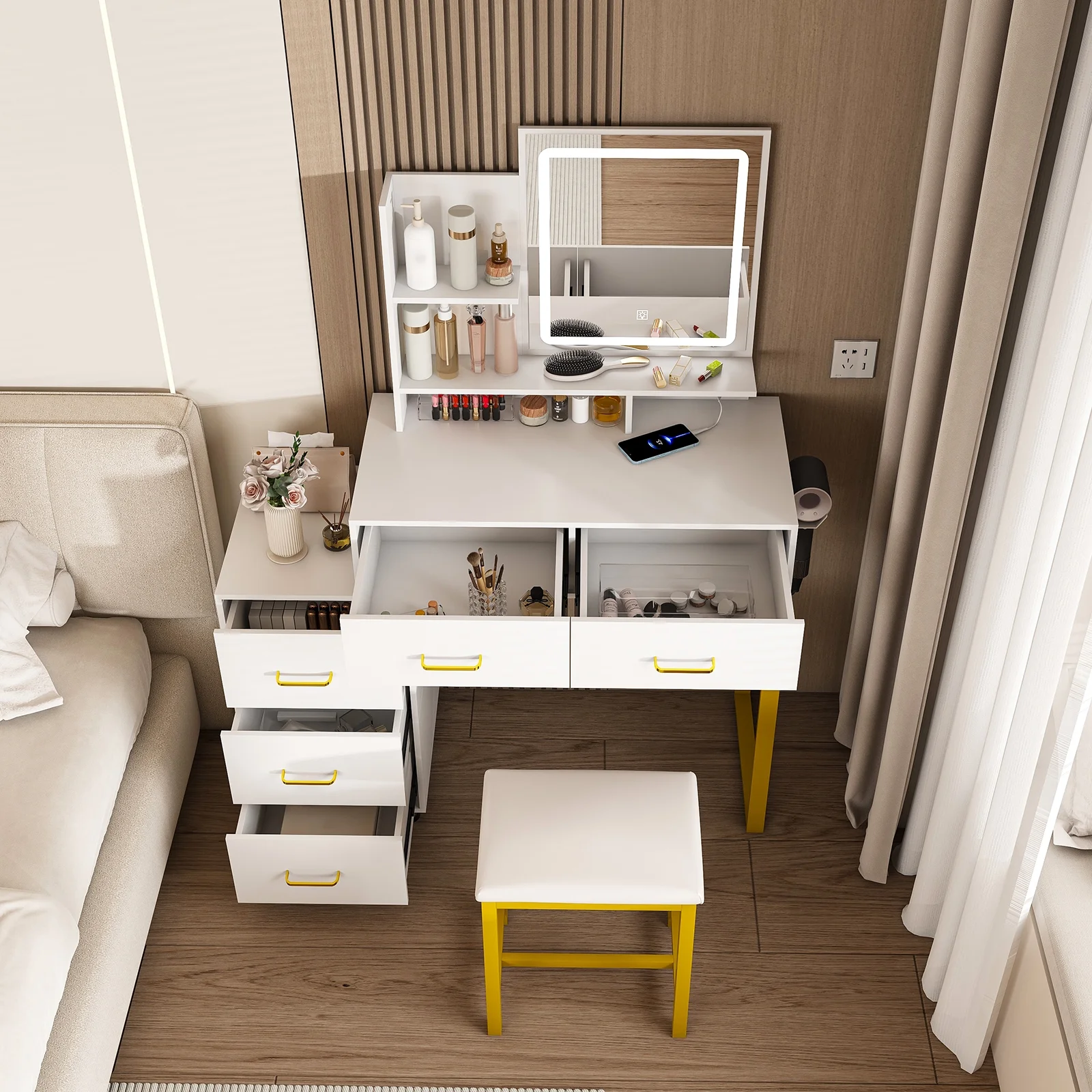 Montary Modern Mini Vanity w/Adjustable LED Mirror + Hidden Storage, Padded Stool & Dustproof Shelves (White) - Image 100