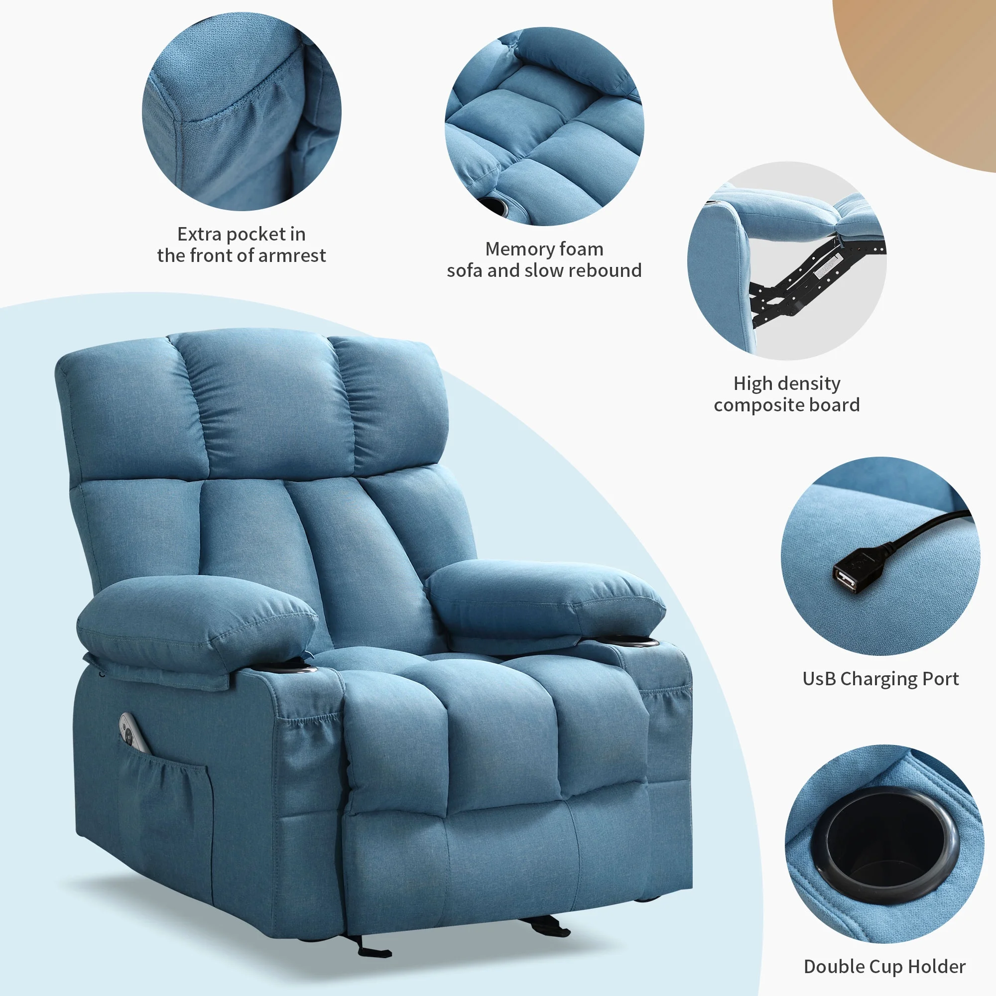 JONPONY Manual Recliner Chair with Heat Therapy and Massage Function, Heavy Duty Reclining Mechanism Massage Chair, Elderly Single Rocker Sofa with Cup Holders for Bedroom Home Theater,Grey - Image 56