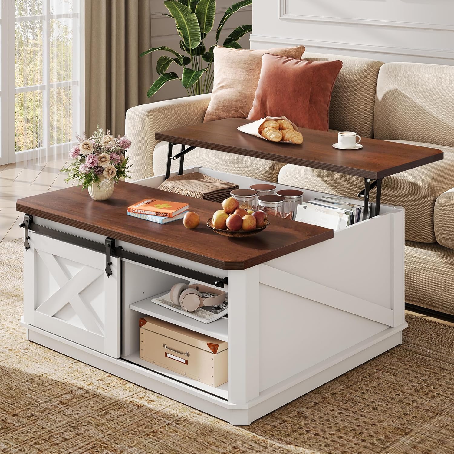 WLIVE Framhouse Coffee Table with Storage, 35.5