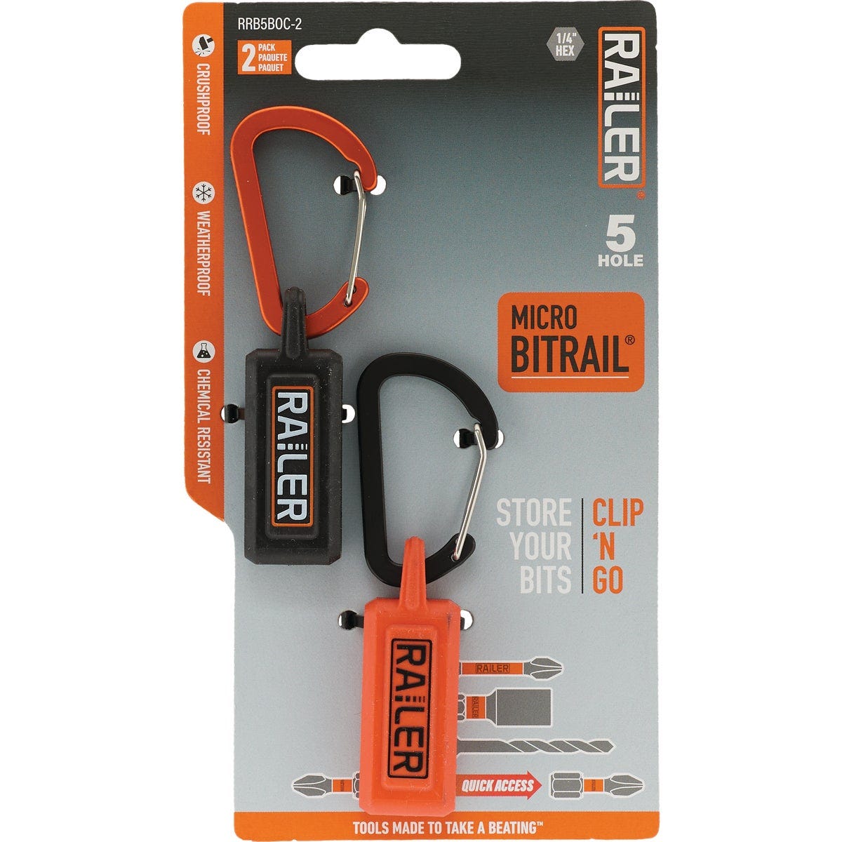 Railer 5-Hole Micro Bitrail Orange & Black Bit Holder with Carabiner (2-Pack)