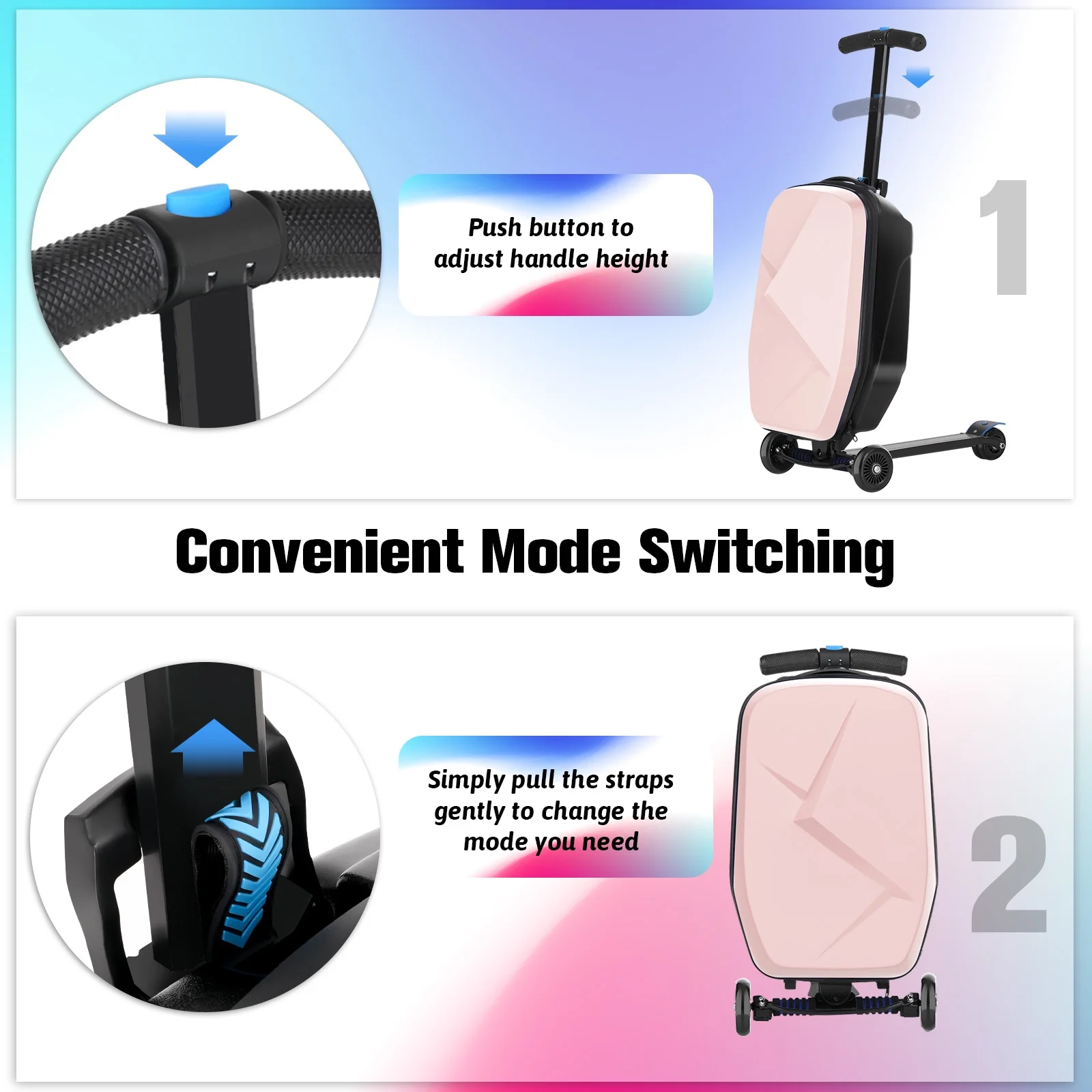Advwin Scooter Luggage for Kids & Adults, Hardside Ride on Suitcase for Kids Ages 4-15 Multifunctional Lightweight Foldable Carry on Luggage with Wheels Ride on for Children Teenagers, Pink - Image 2