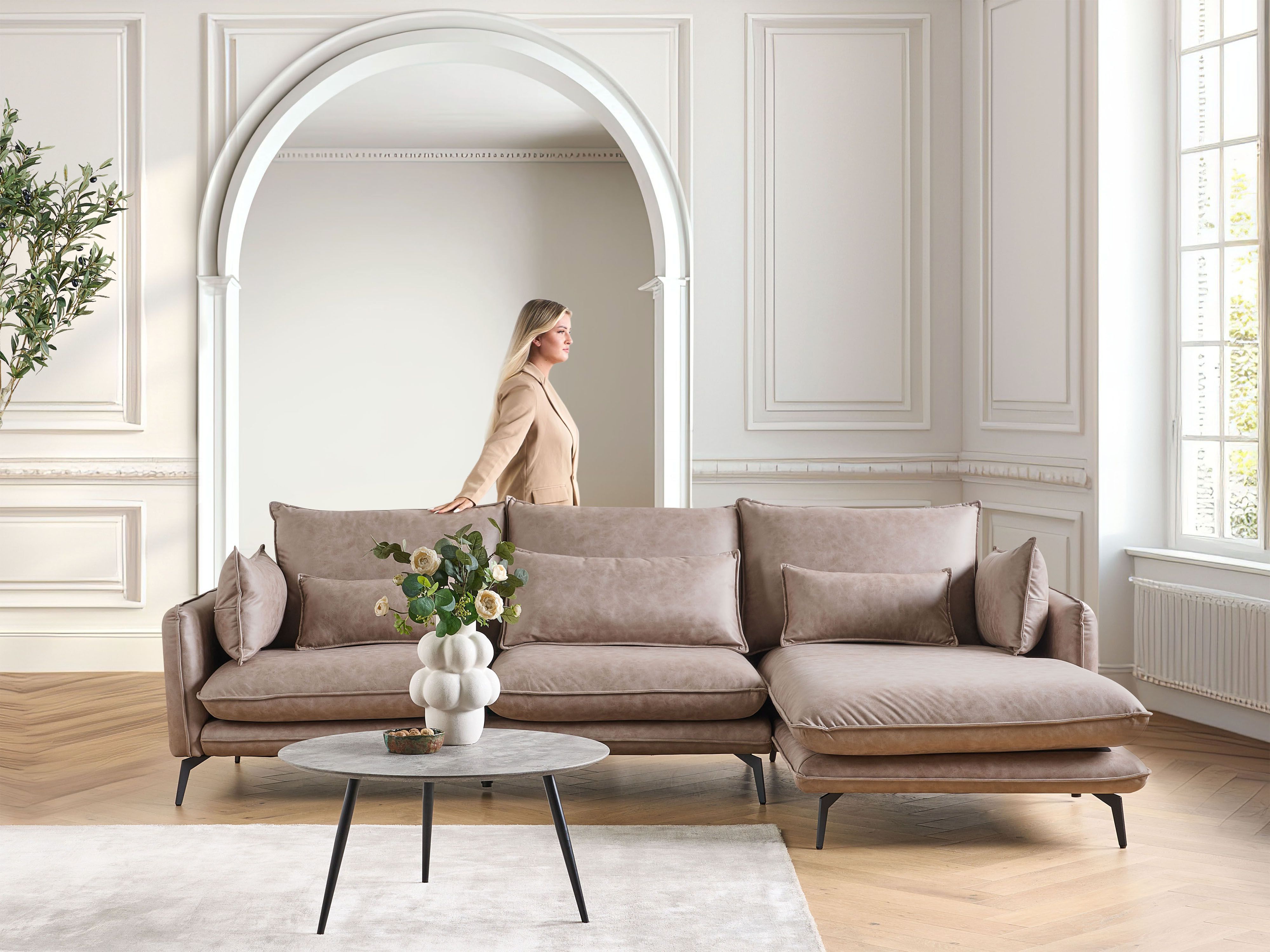 Corner Sofa 3 Seater GALLO Faux Suede Light Brown Left Hand