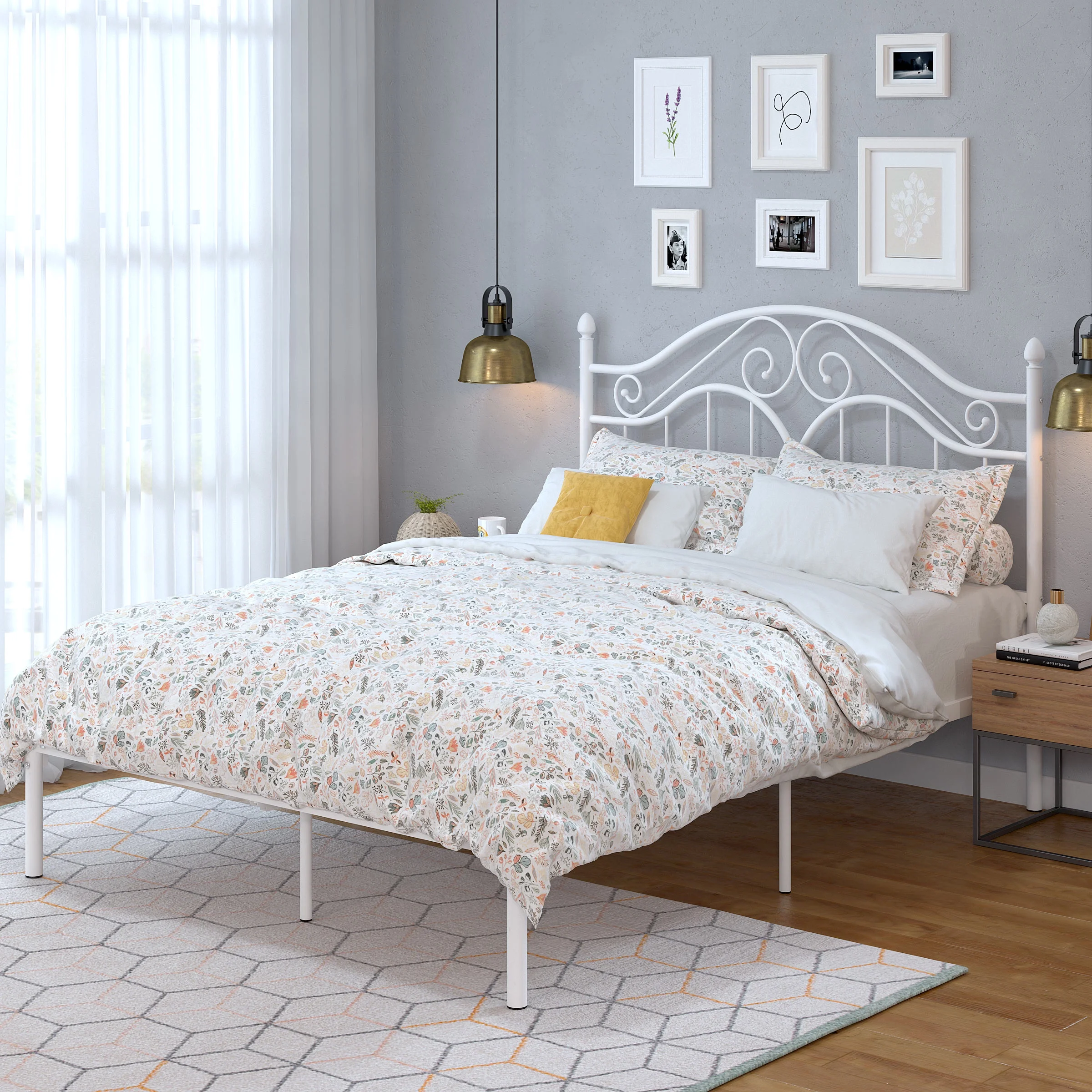 Yoneston Full Size Metal Platform Bed Frame with Vintage Headboard, Sturdy Steel Slat Mattress Foundation with 11