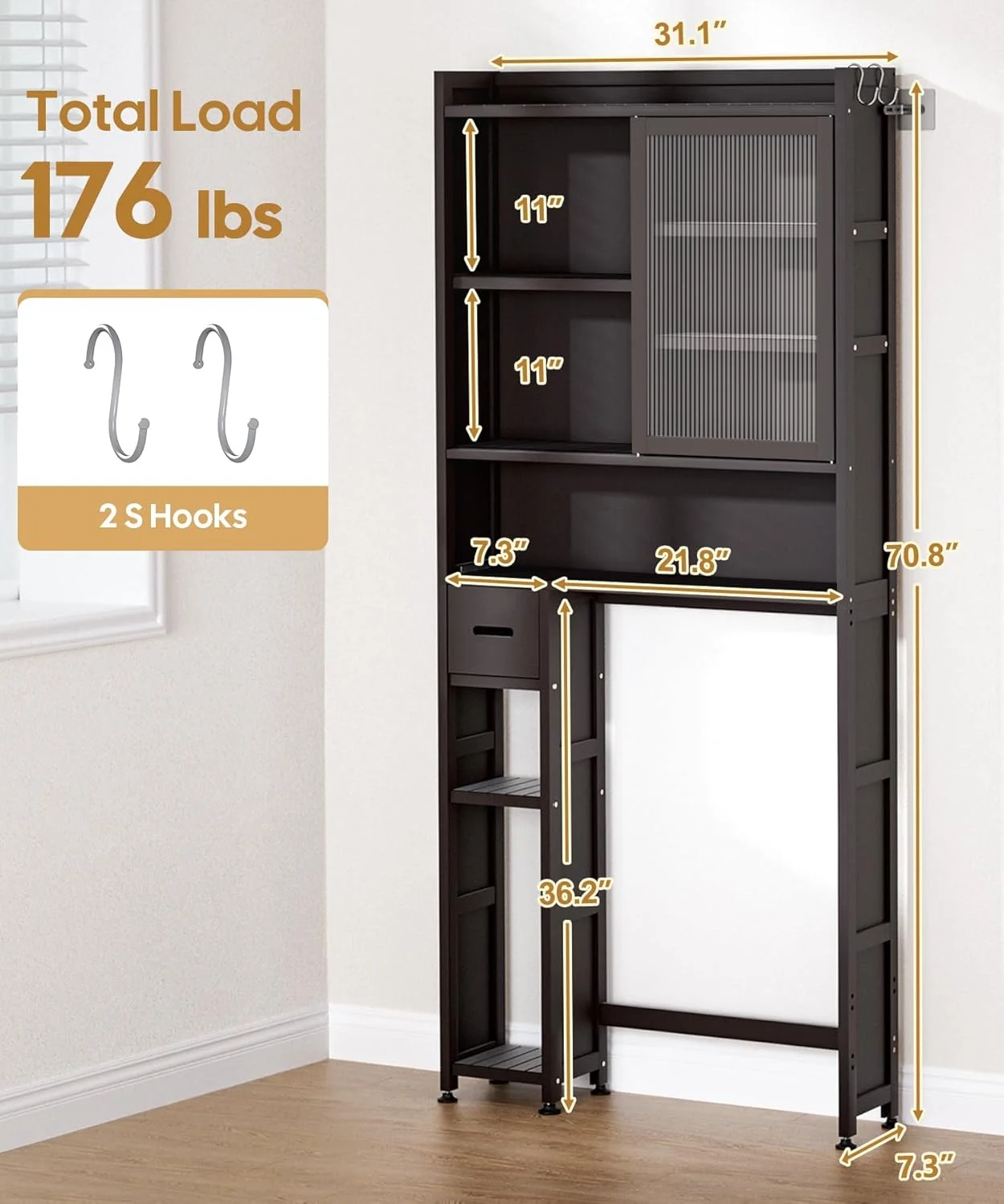Over The Toilet Storage Cabinet with Acrylic Door Panel and Paper Towel Drawer, Bamboo Space Saver Shelf, Bathroom Organizer Rack Above WC (Without Power Strip, Brown)