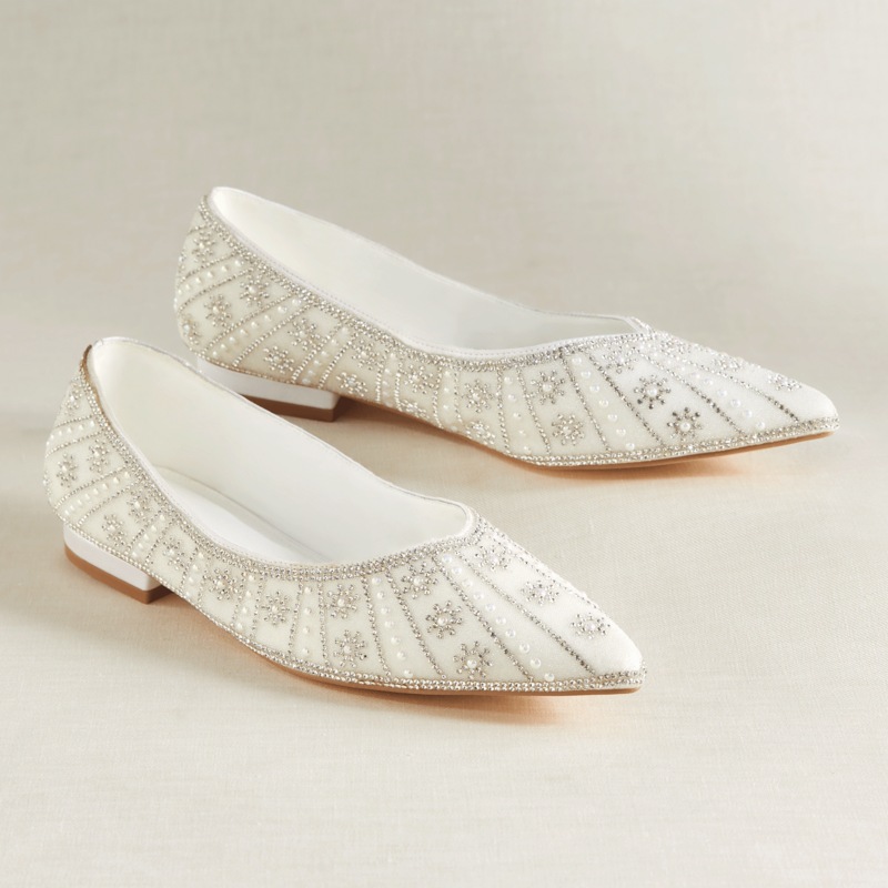 Pearl and Rhinestone-Embellished Satin Flat with Memory Foam Footbed - MIDNIGHT VELVET CATALOG