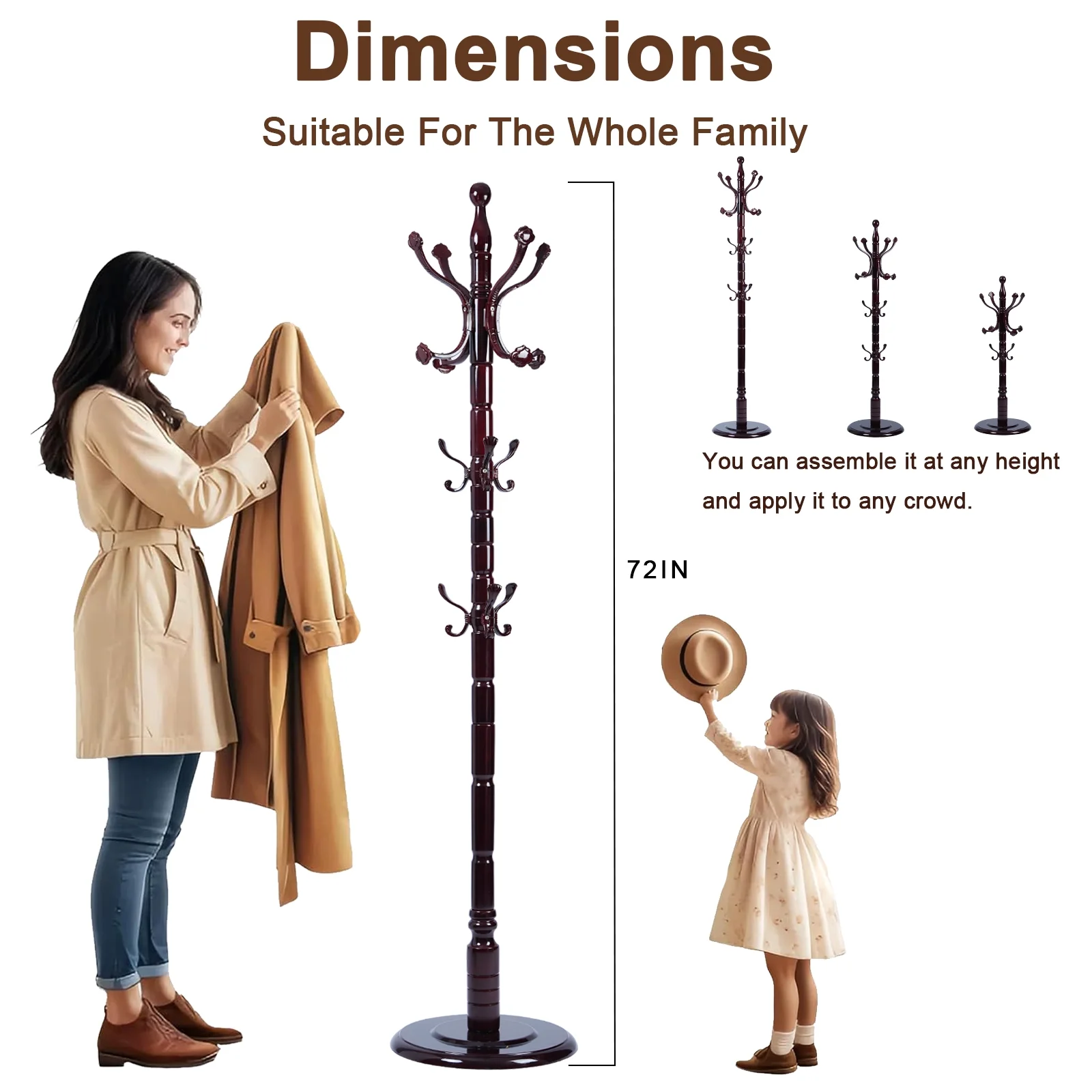 Coat Rack Freestanding, Hall Tree with 11 Hooks, Heavy Duty Wooden Coat Tree Stand, Adjustable Height, Sturdy Base for Bedroom Hallway Office - Load 270lbs - Image 35