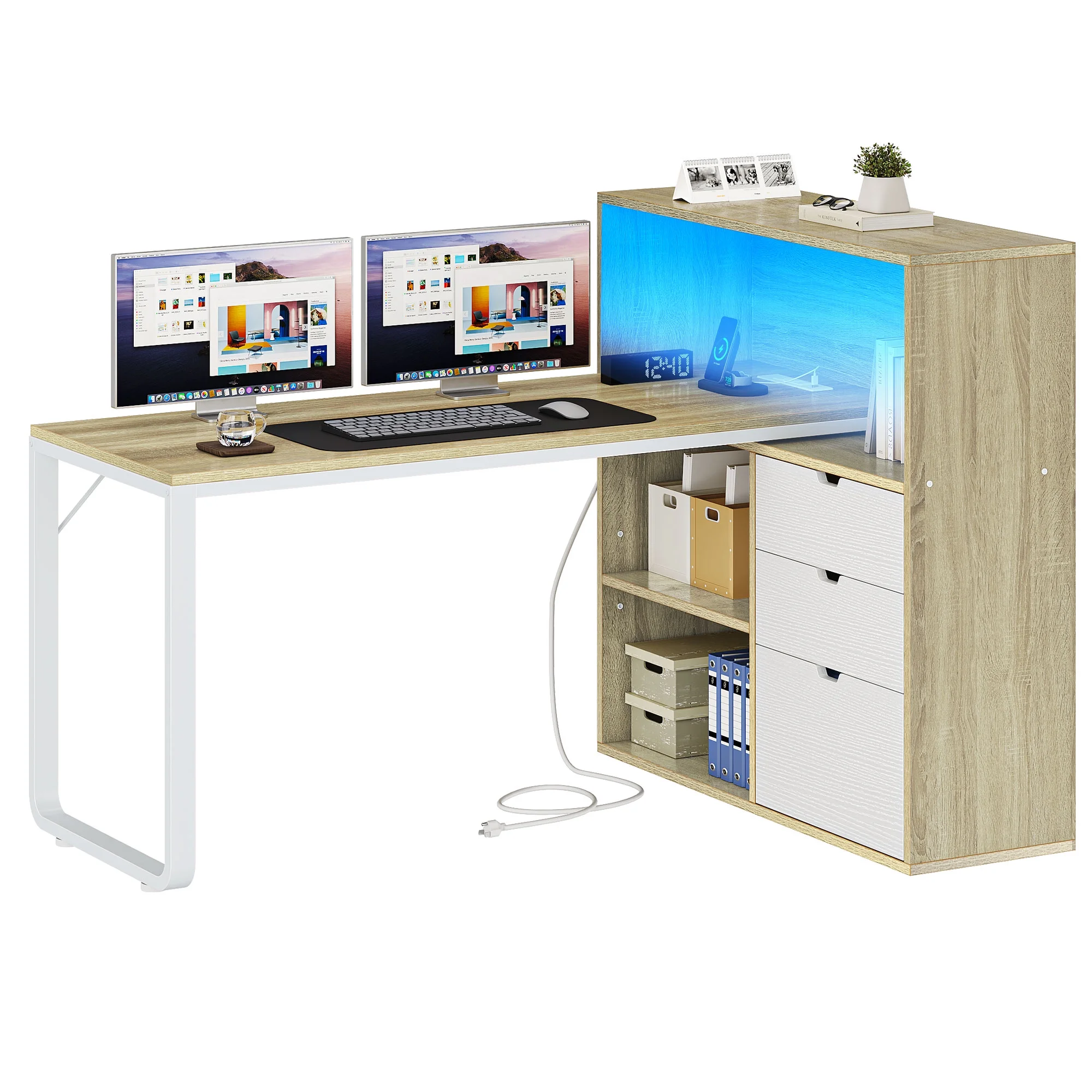 Dextrus L Shaped Desk with Power Outlets & LED Lights, Computer Desk with 3 Drawers and 3 Storage Shelves, White Office Desk Corner Desk for Home Office - Image 27