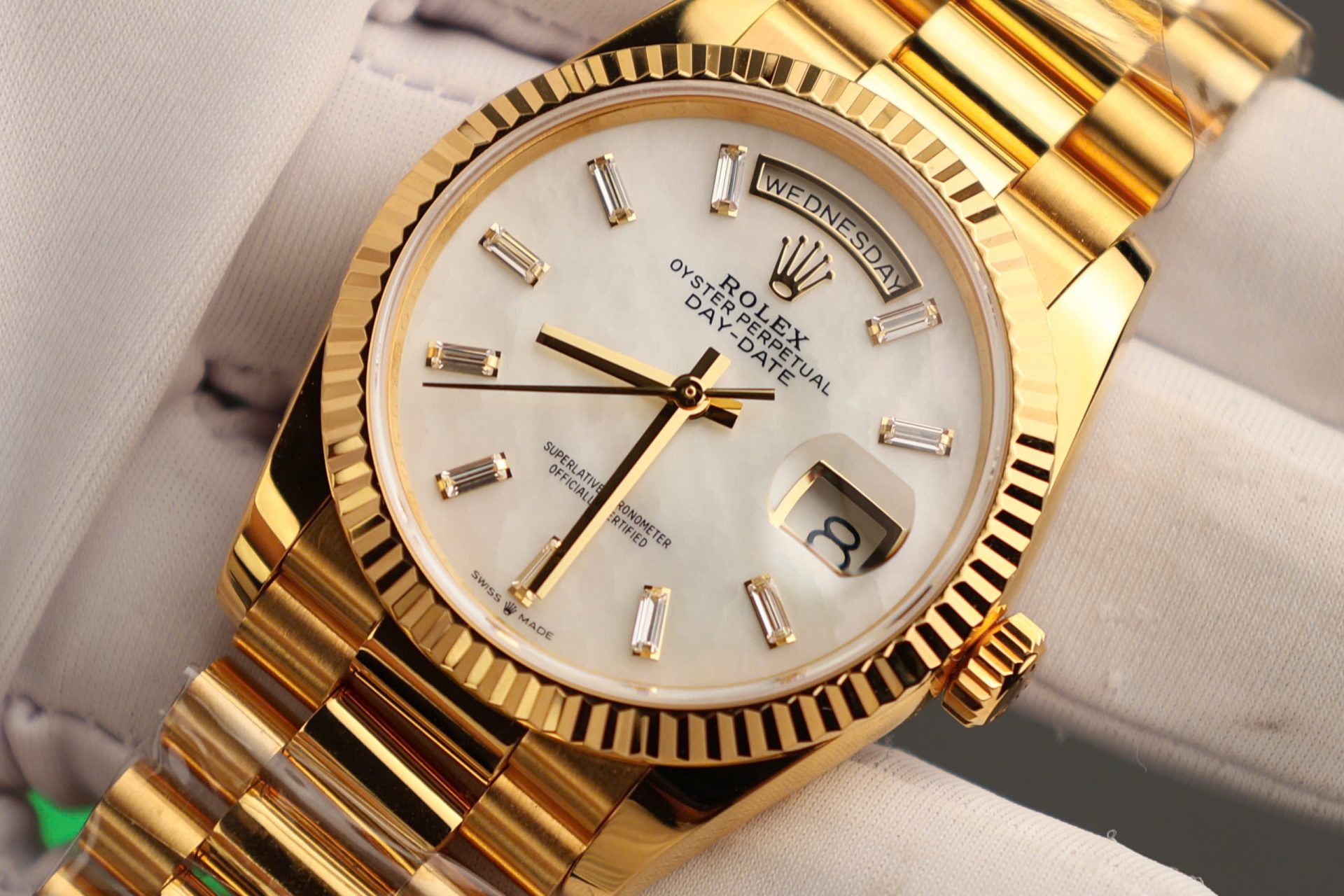 Rolex Day-Date Replica Watch Dial Mother Of Pearl Custom Gold Wrapped 36mm - Elite Watch Atelier