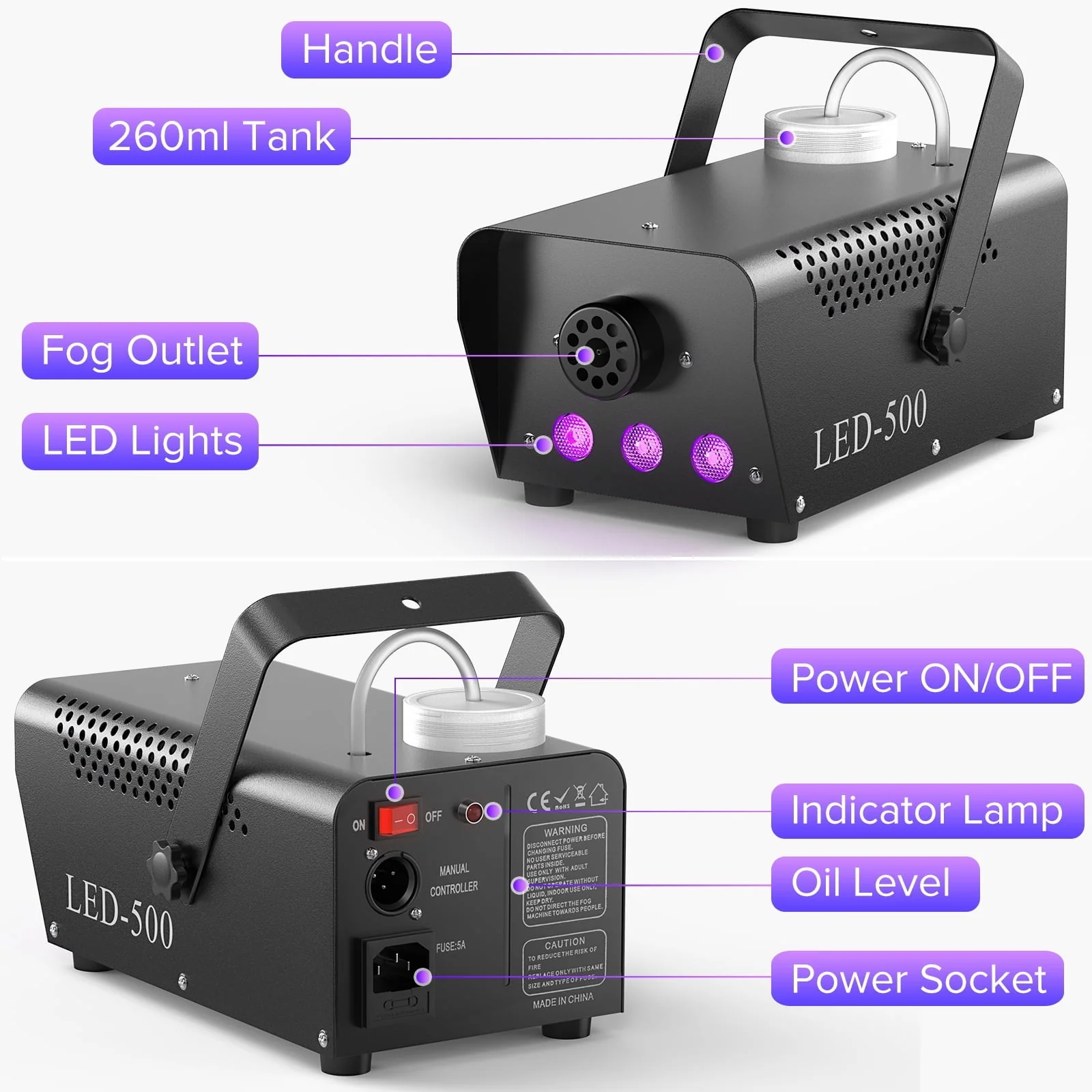 500W Fog Machine with RGB LED Lights, Remote Control, 3000CFM, 15 Lighting Effects for Wedding, DJ, Party, Concert, Halloween - Image 5 500W Fog Machine with RGB LED Lights, Remote Control, 3000CFM, 15 Lighting Effects for Wedding, DJ, Party, Concert, Halloween - Image 5