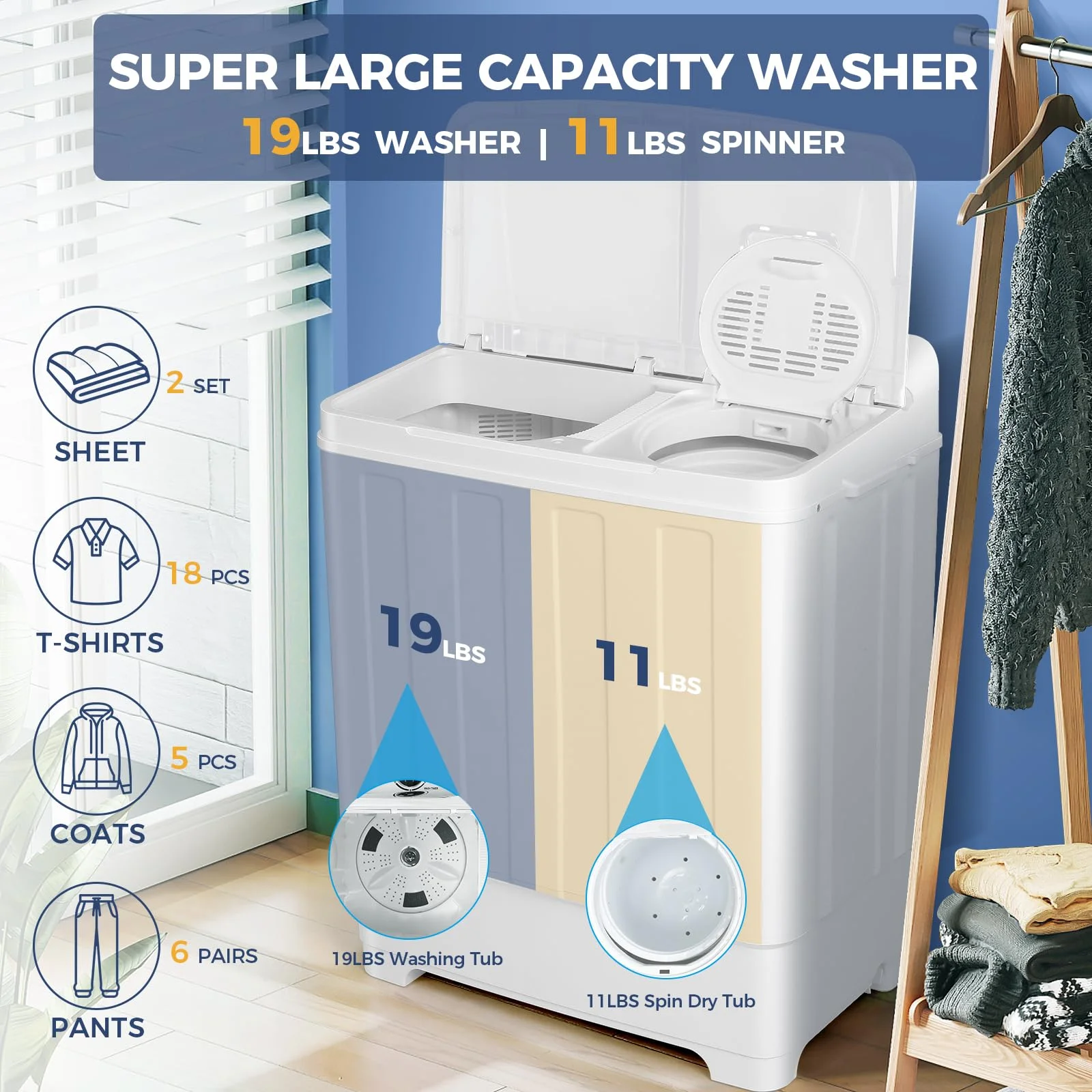 Veeboto Portable Washing Machine, 30LBS Twin Tub Mini Compact Laundry 19lbs Washer/11lbs Spinner with Drain Pump & Time Control Washer Spinner Combo, White