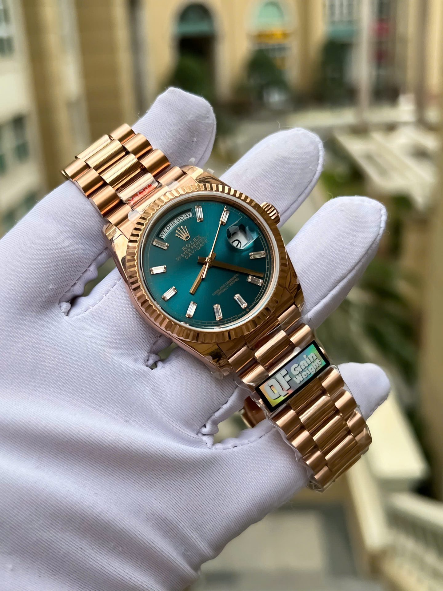 Rolex Day-Date 128235 Replica Watch Dial Diamonds Moissanite Weight 158gram QF 36mm - Elite Watch Atelier